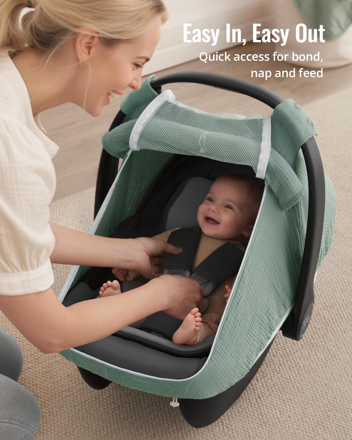 Blissful Diary Baby Car Seat Cover, Extra Large Mesh Window, Breathable Muslin Cotton, Infant Windproof Canopy, Must-Have Baby Gift - Roman Green - Image 5