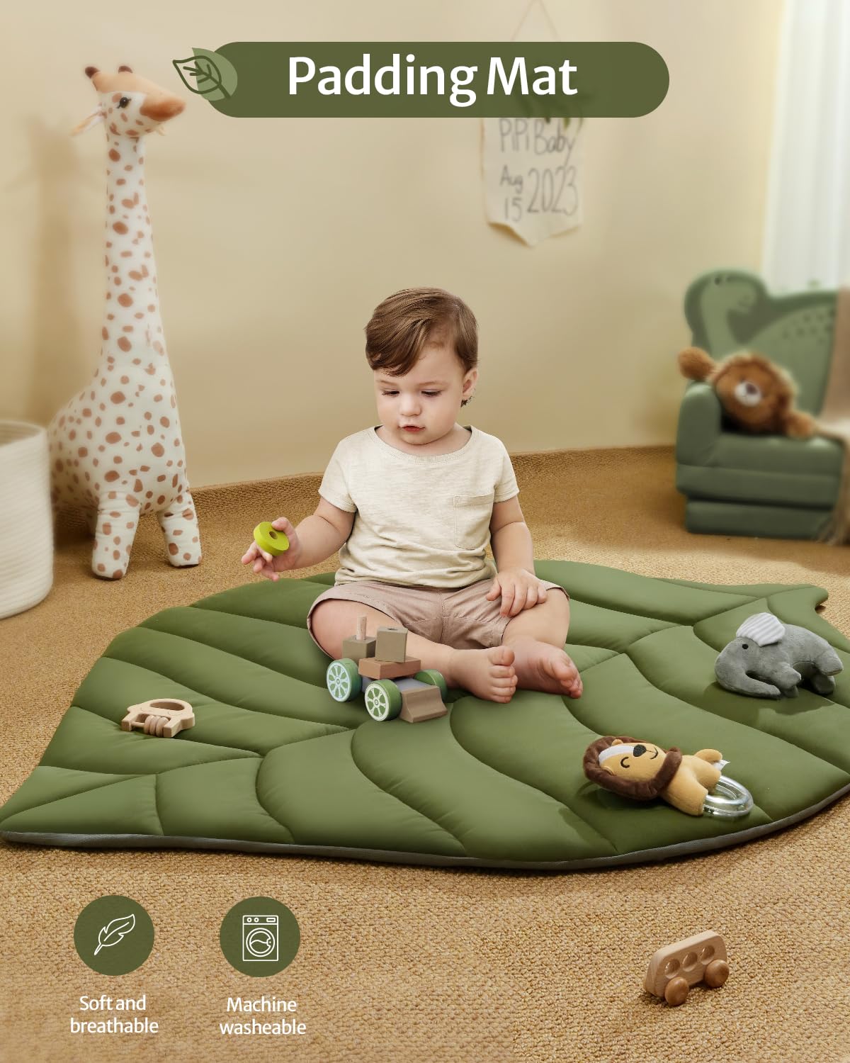 Blissful Diary Baby Play Gym & Activity Mat, Oversize Leaf Shaped Baby Play Mat w 6 Detachable Toys, Tummy Time Mat Promote Motor Skills & Sensory Development Mat, Newborn Infant Baby Essentials Gift - Image 4