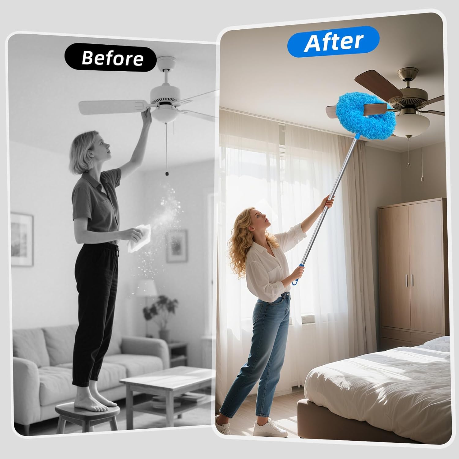 DRQ Ceiling Fan Cleaner Duster, Reusable Microfiber Duster with Extension Pole, 13 to 48 Inch Fan Blade Cleaner, Removable Dusters for Cleaning Walls Bookshelves Door Window Top (Blue) - Image 7