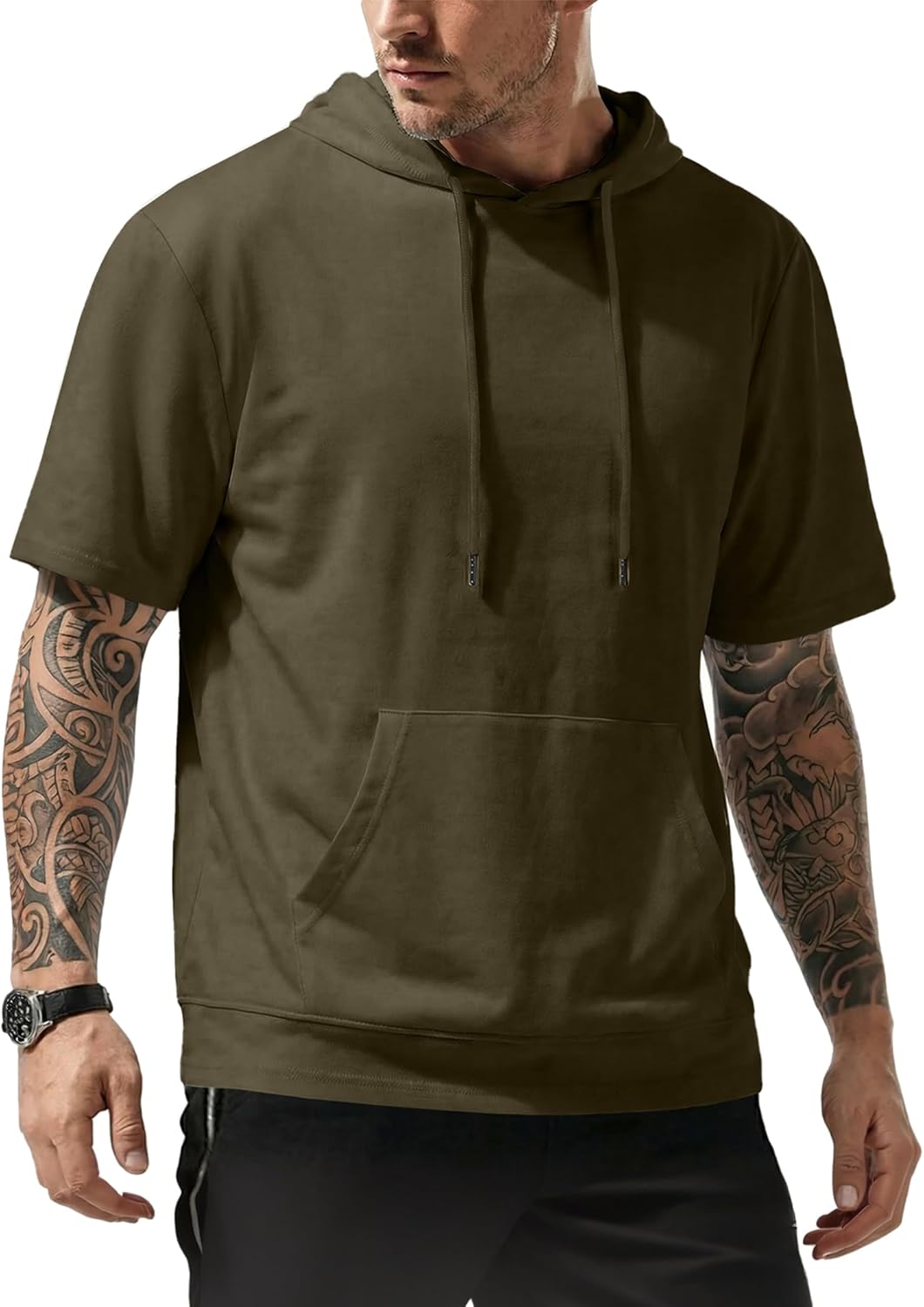 JMIERR Mens Short Sleeve Hoodie Cotton Hooded T-shirts Lightweight Solid Tops with Pocket