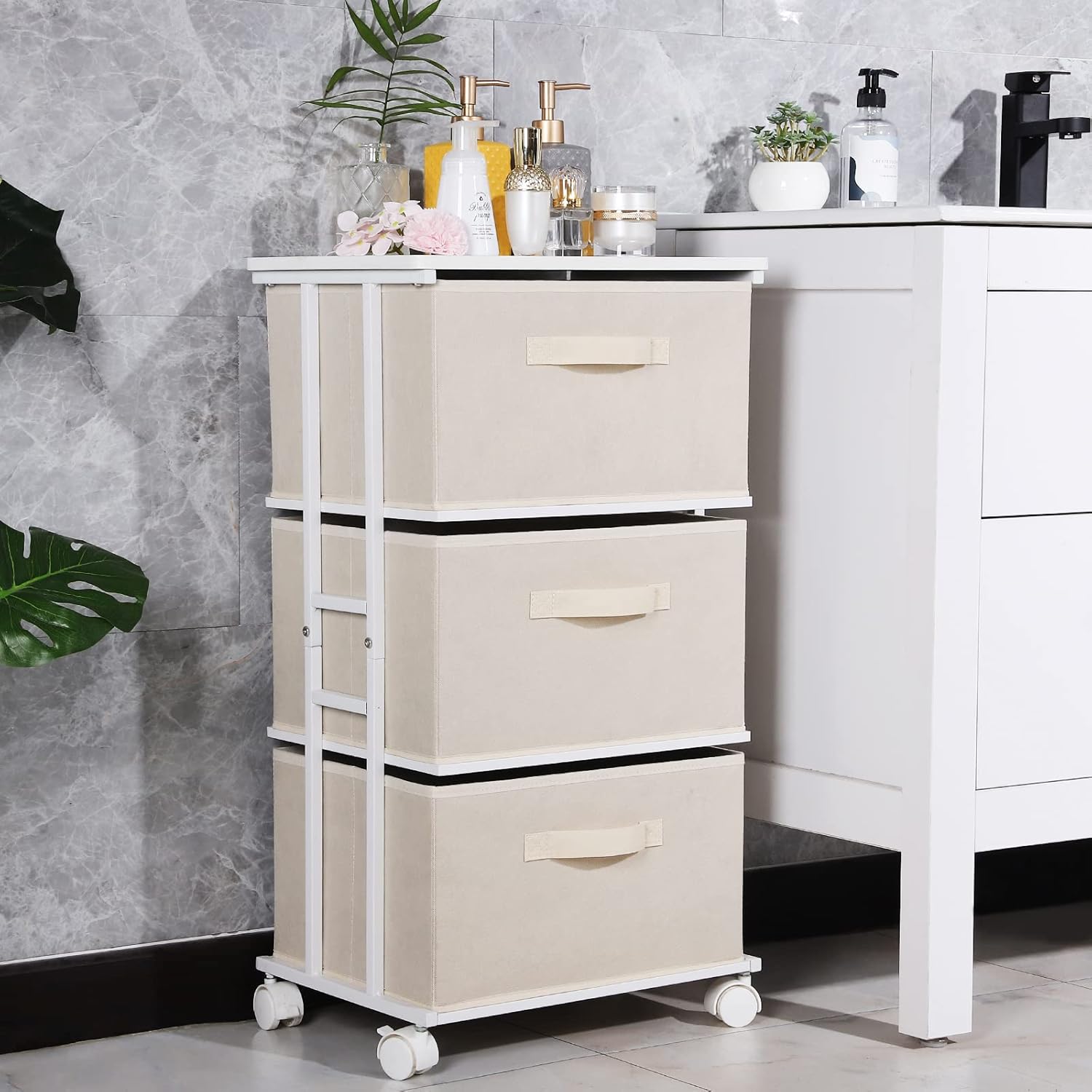 MAX Houser Dresser Tower with 3 Drawers for Bedroom, Fabric Storage Organizer Unit, Chest of Drawers with with WoodTop, Small Vertical Storage for Guest Room, Closet, Entryway, Nursery(Beige) - Image 5