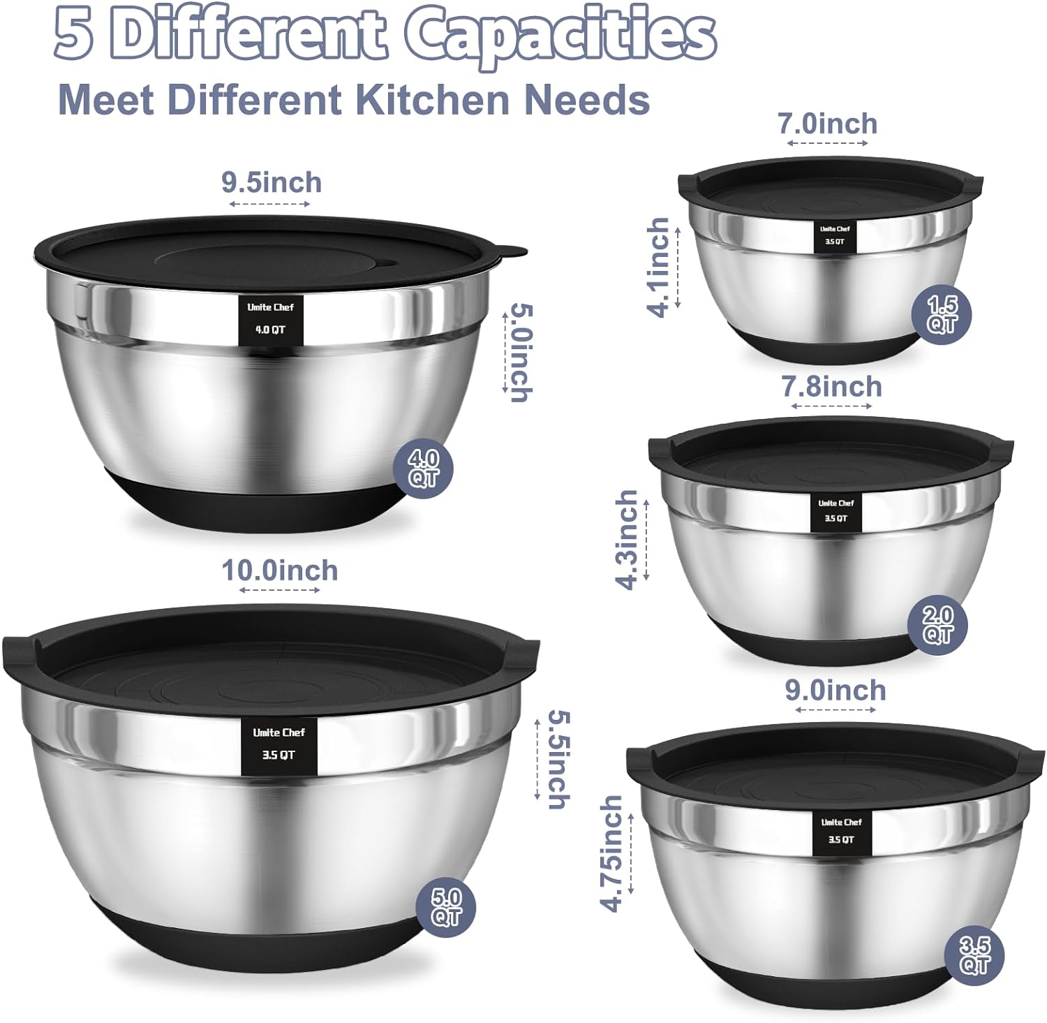 Umite Chef Mixing Bowls with Airtight Lids, 8PCS Stainless Steel Nesting Mixing Bowls Set, 3 Grater Attachments & Non-Slip Bottoms, Black Kitchen Bowls, Size 5, 4, 3.5, 2, 1.5QT for Baking & Serving - Image 4