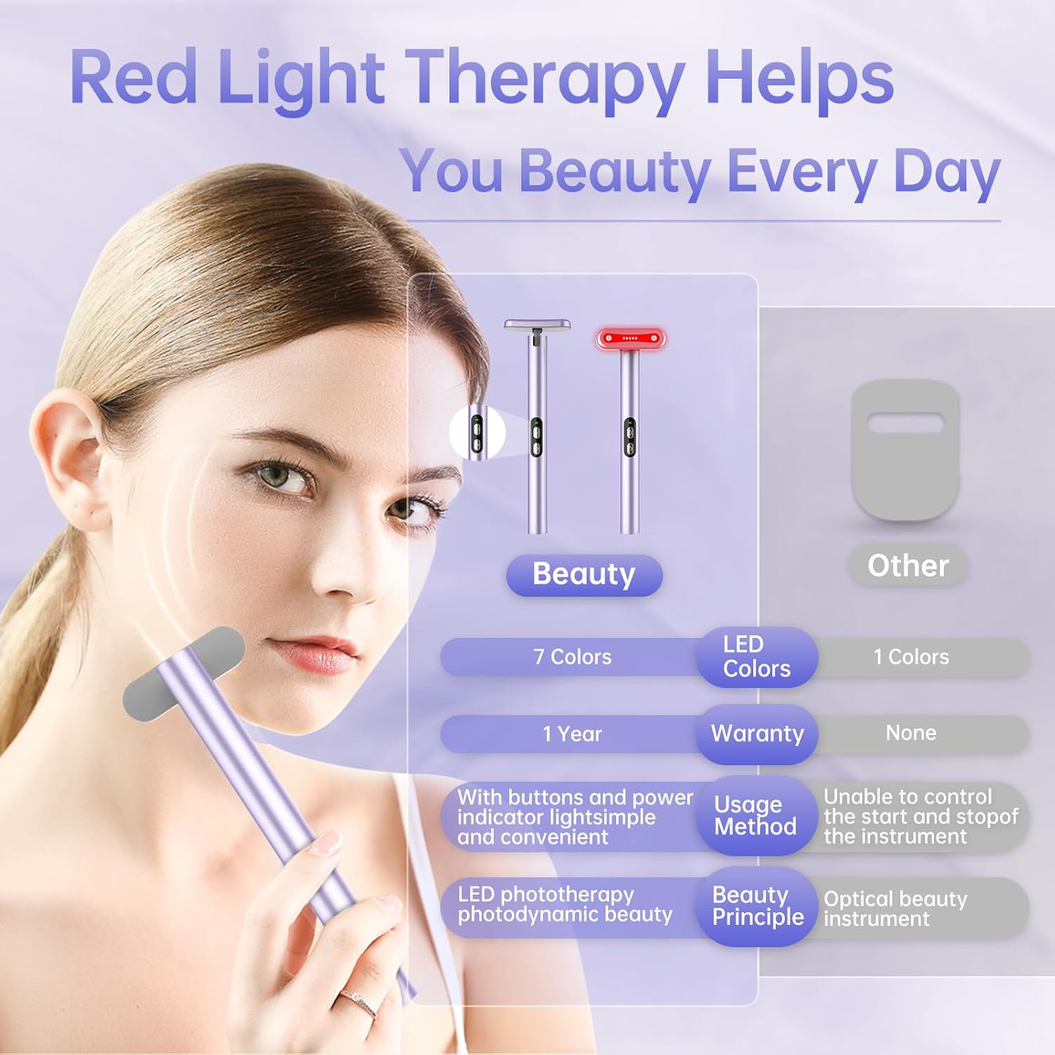 Light-Therapy-Wand, Red Light Therapy for Face and Neck Facial Wand 7 in 1 Led Beauty Wand Red & Blue Rejuvenation Face & Eye Massager Skincare Tool - Image 7