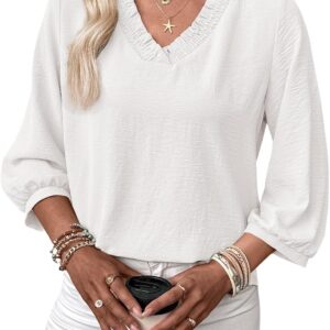 SHEWIN Women Smocked Neck Tops 3/4 Sleeve Loose Fit Shirts Business Dressy Casual 2026