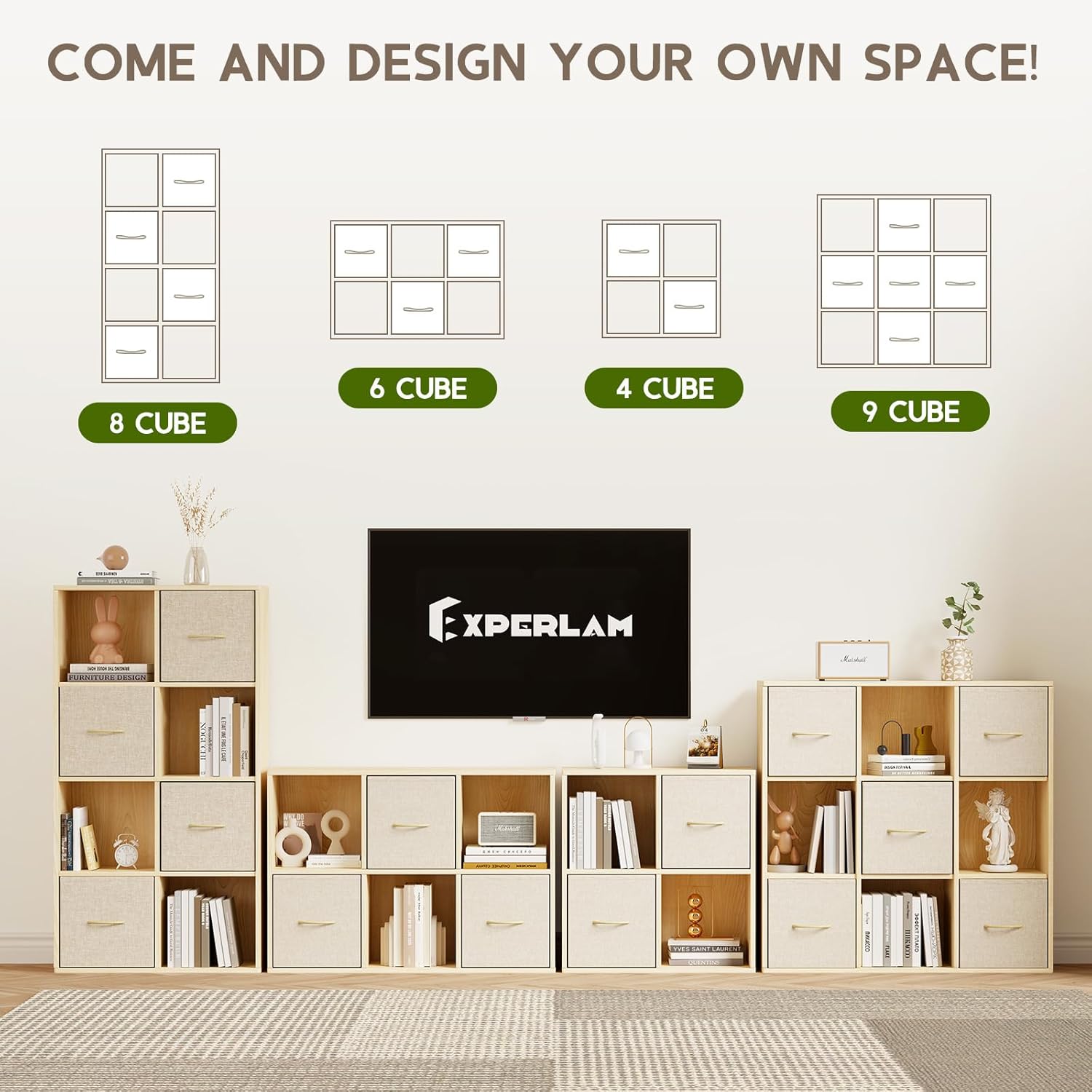 8 Cube Storage Organizer - Solid Wood Bookshelf with 4 Storage Bins, Cube Shelf with 2 Removable Back Panels, Vertical or Horizontal Bookcase, Open Book Shelf for Bedroom, Living Room, Office - Image 6