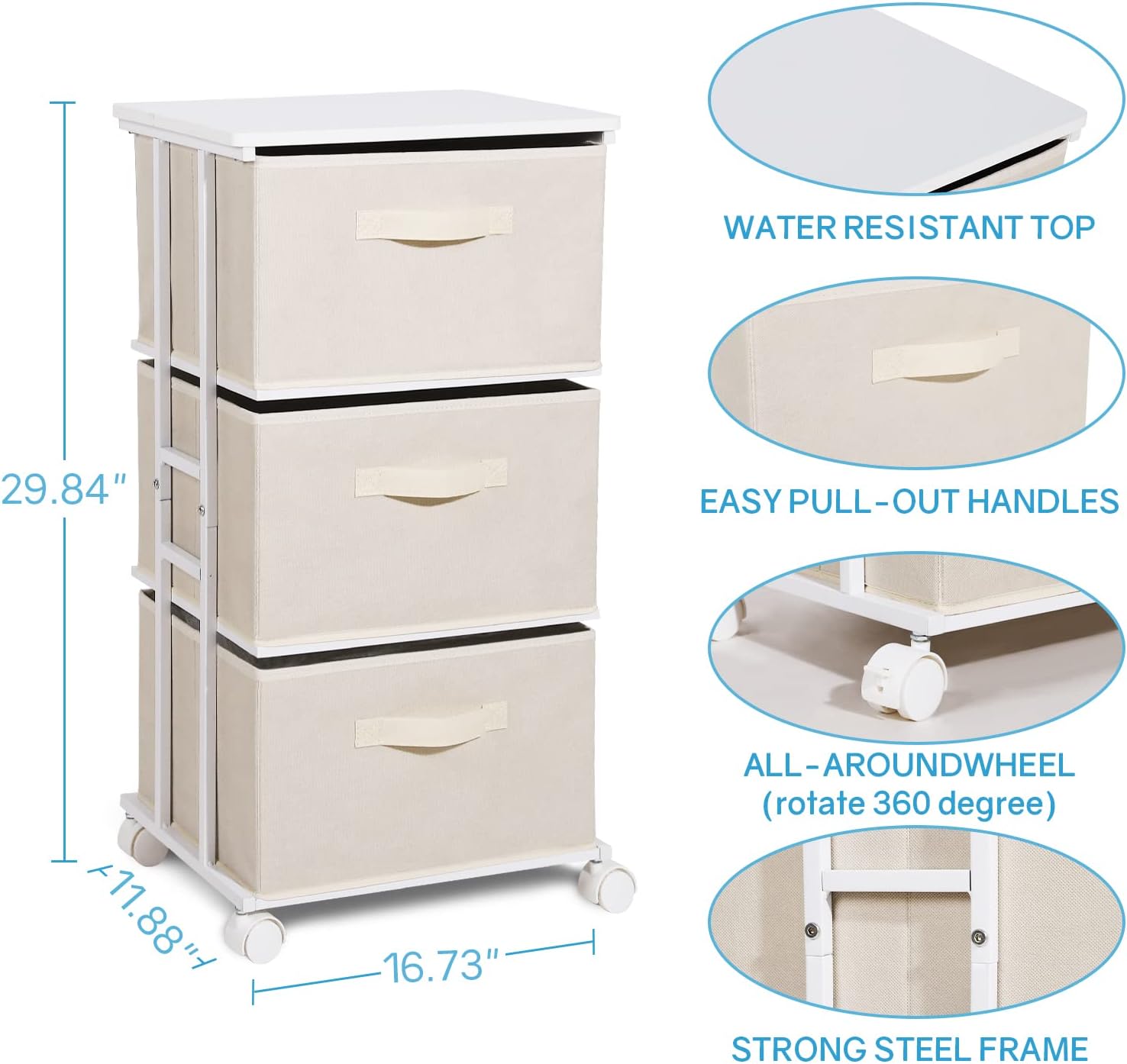 MAX Houser Dresser Tower with 3 Drawers for Bedroom, Fabric Storage Organizer Unit, Chest of Drawers with with WoodTop, Small Vertical Storage for Guest Room, Closet, Entryway, Nursery(Beige) - Image 3