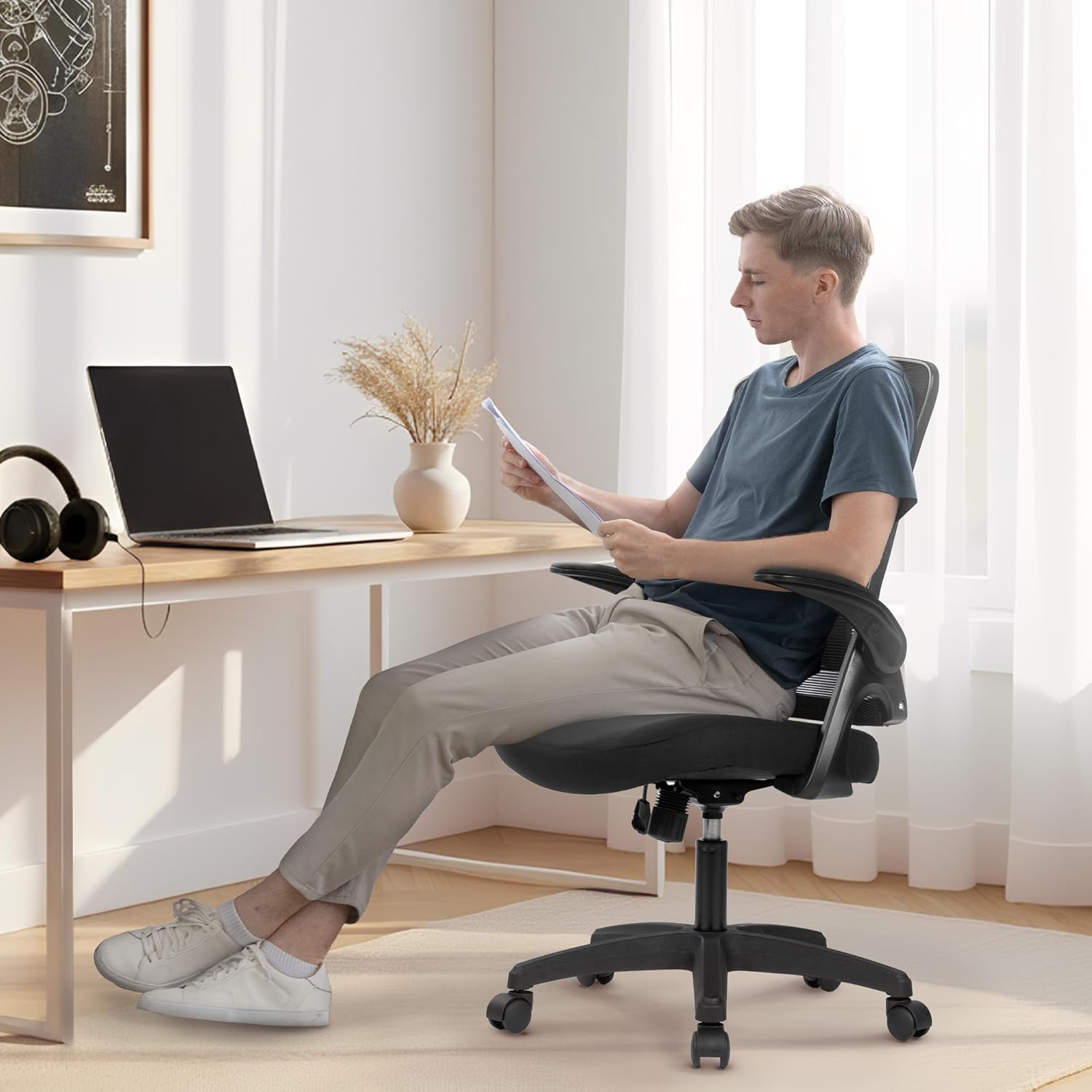 NEO CHAIR Office Desk Gaming Chair Computer High Back Mesh Seat with Rolling Wheels Ergonomic Adjustable Comfy Flip-up Armrests Lumbar Support Height for Home (Black) - Image 7