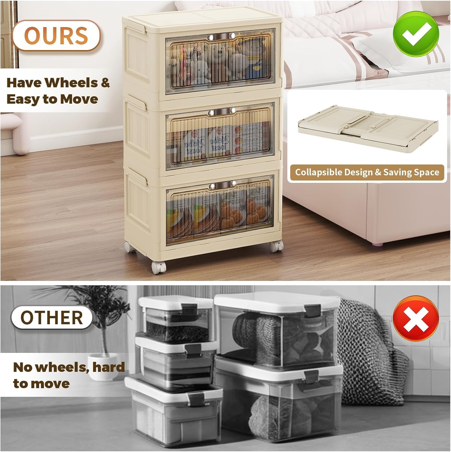 3 Tier - 48QT Storage Bins with Lids, Collapsible Storage Bins with Doors and Wheels, Plastic Storage Cabinet for Easy Storage and Organization for Living Room, Office - Image 3