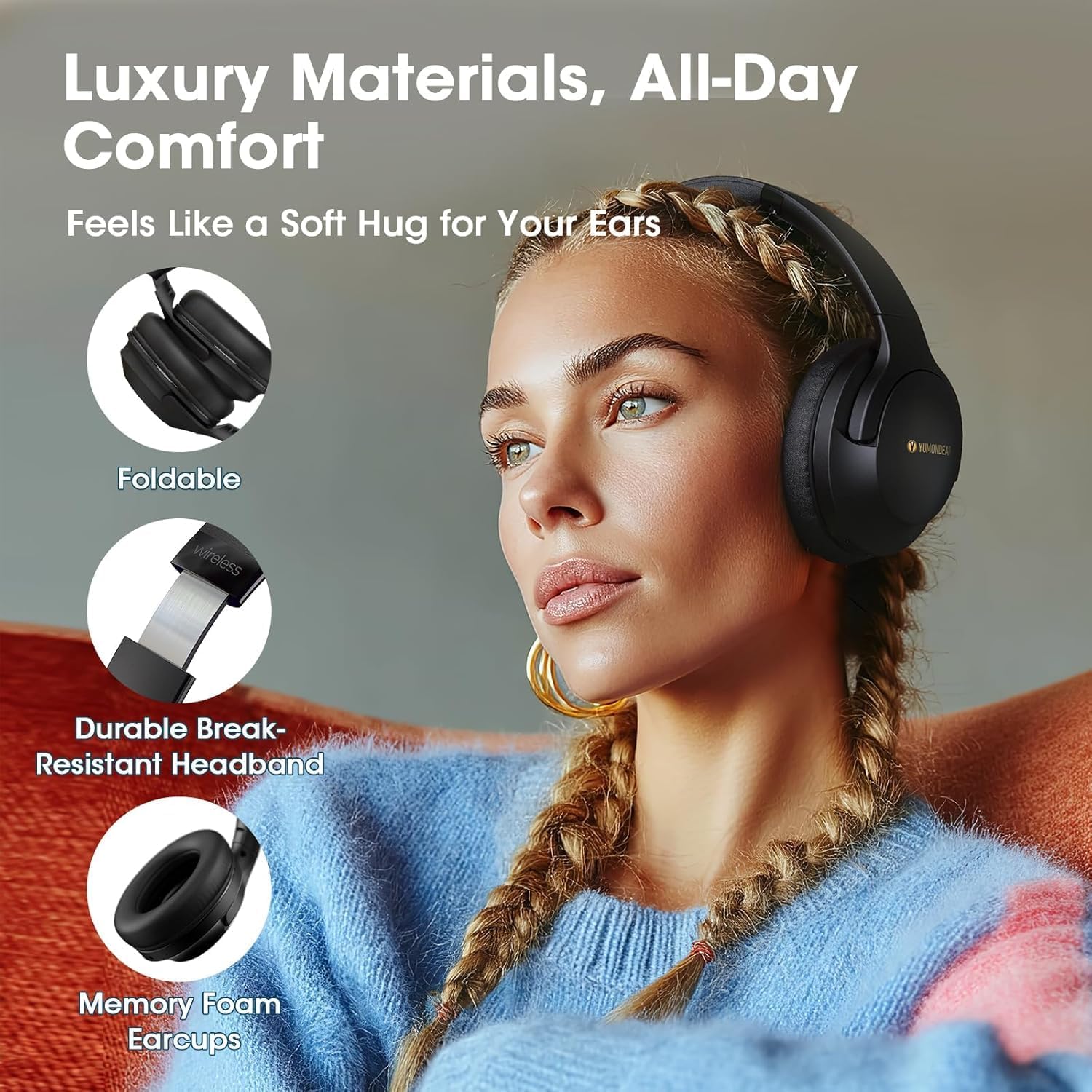 YUMONDEAR Bluetooth Headphones Over Ear, 80 Hrs Playtime Wireless Headphones with ENC Mic, Deep Bass EQ, Foldable Comfort for Travel, Gym & Commuting, Stocking Stuffers - Image 5