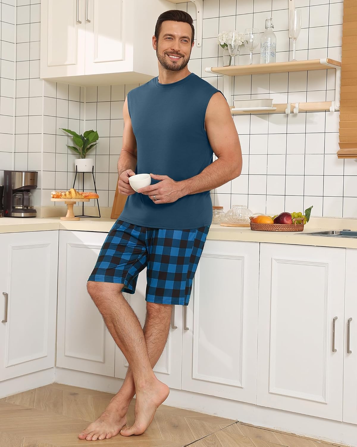 KUYIGO Mens Pajamas Set Tank Top and Plaid Shorts Casual 2 Piece Sleeveless Loungewear Pjs Sleepwear with Pockets - Image 3