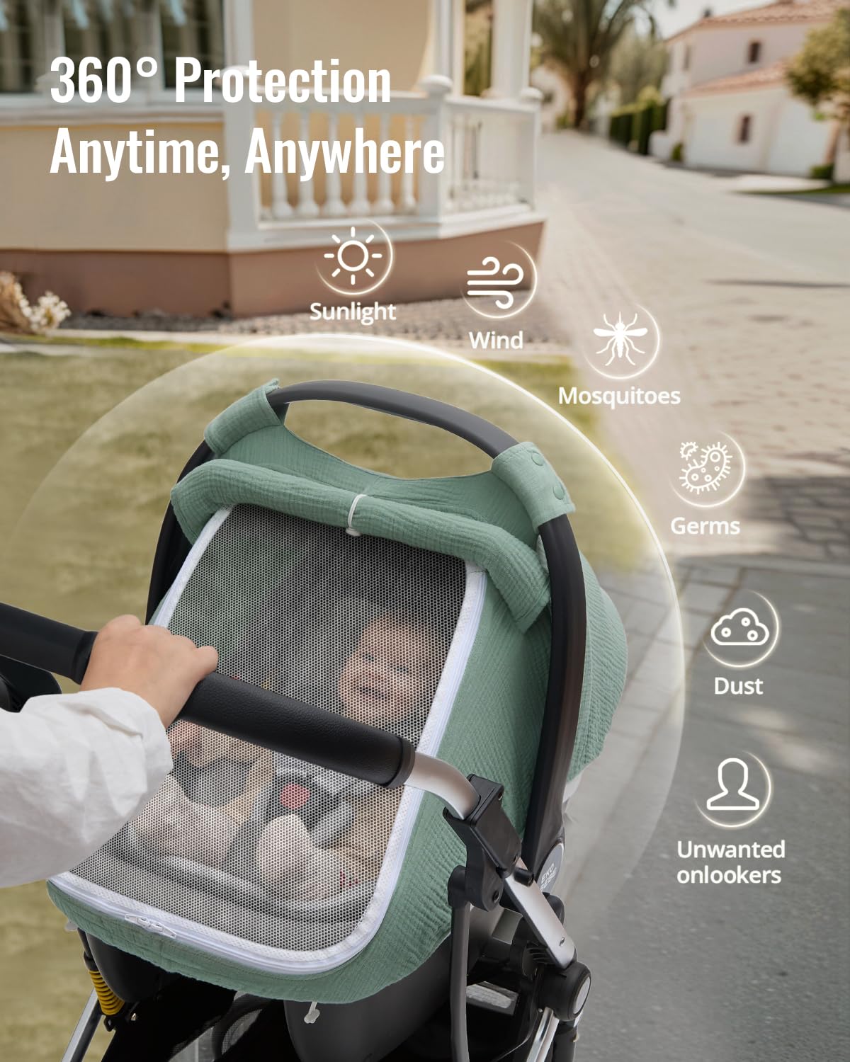 Blissful Diary Baby Car Seat Cover, Extra Large Mesh Window, Breathable Muslin Cotton, Infant Windproof Canopy, Must-Have Baby Gift - Roman Green - Image 3