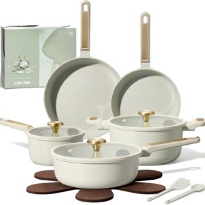 CAROTE Ceramic Cookware Set Nonstick, 14pcs Pots and Pans Set Nonstick, Non-Toxic & PFAS-Free, Dishwasher, RV/Camping Cookware Set, Cooking Pots with Lids, Sage Green