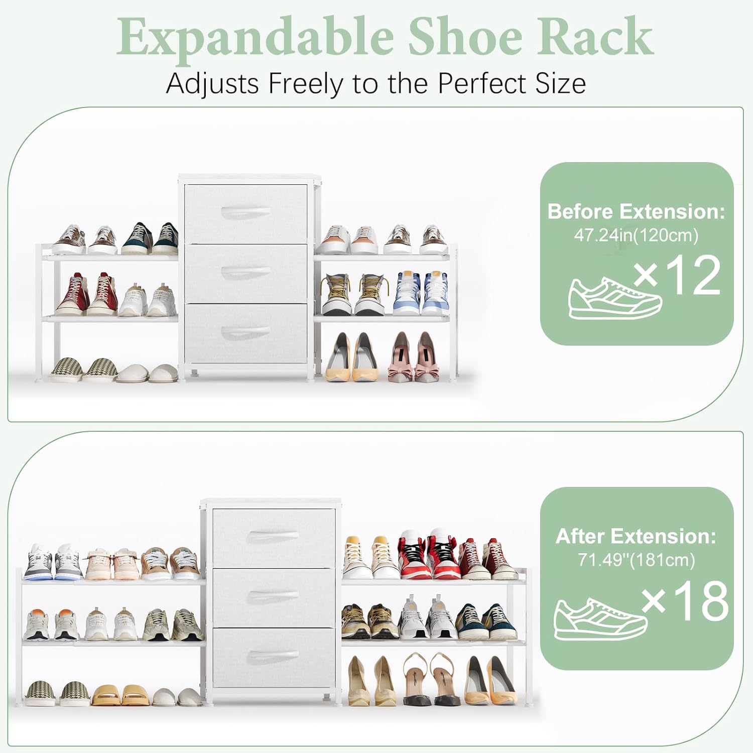 Cidaziya Expandable Closet Organizers and Storage,Wide Long 3 Drawer Dresser,White Fabric Storage Dresser, Clothes Shelves for Kids, Purse Organizer Small Shoe Rack for Closet Bedroom(47.24~71.47in) - Image 8