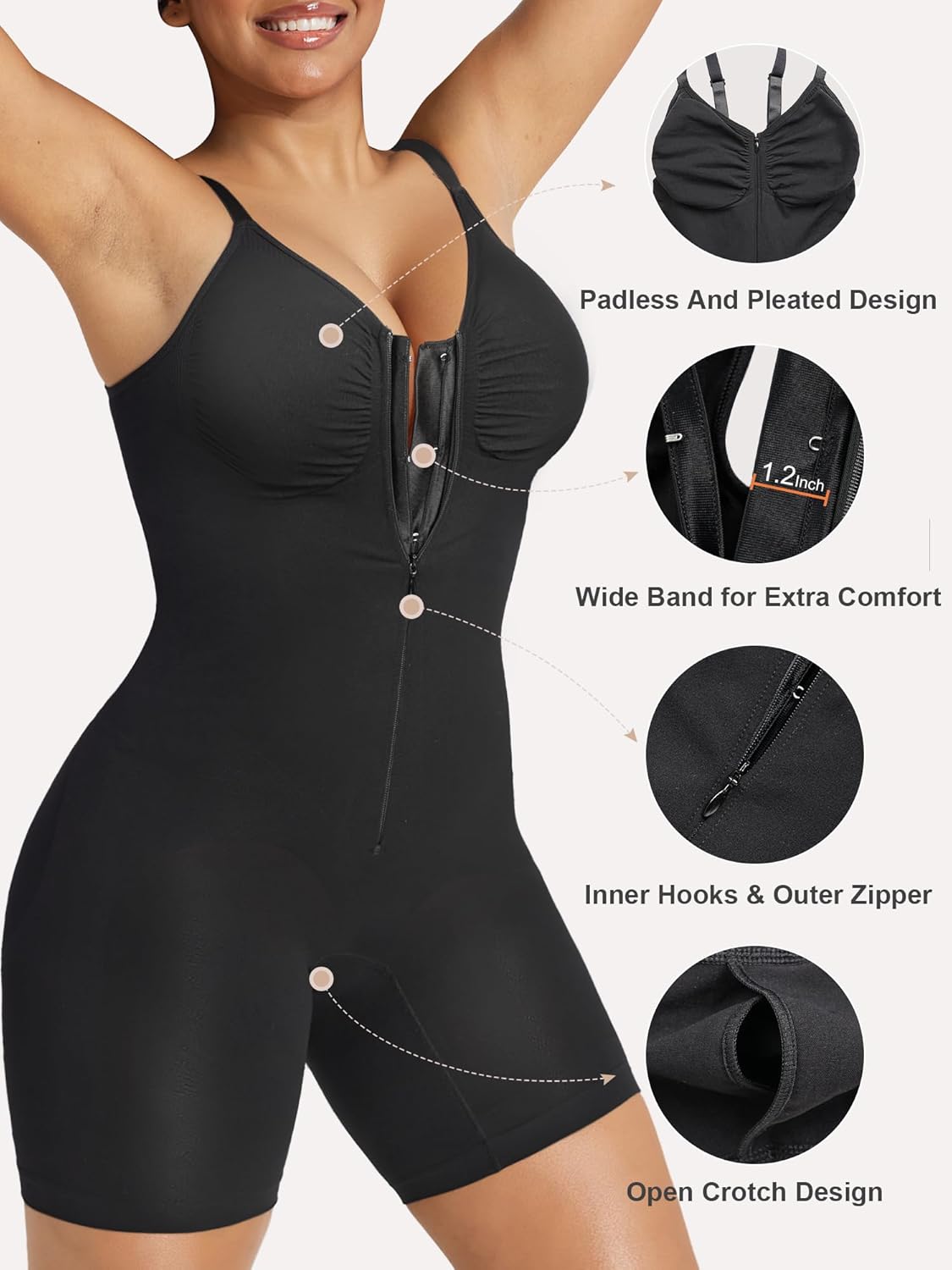 SHAPERX Women's Shapewear Bodysuit Tummy Control Seamless Zip-Up Body Shaper Waist Defining Silhouette - Image 3