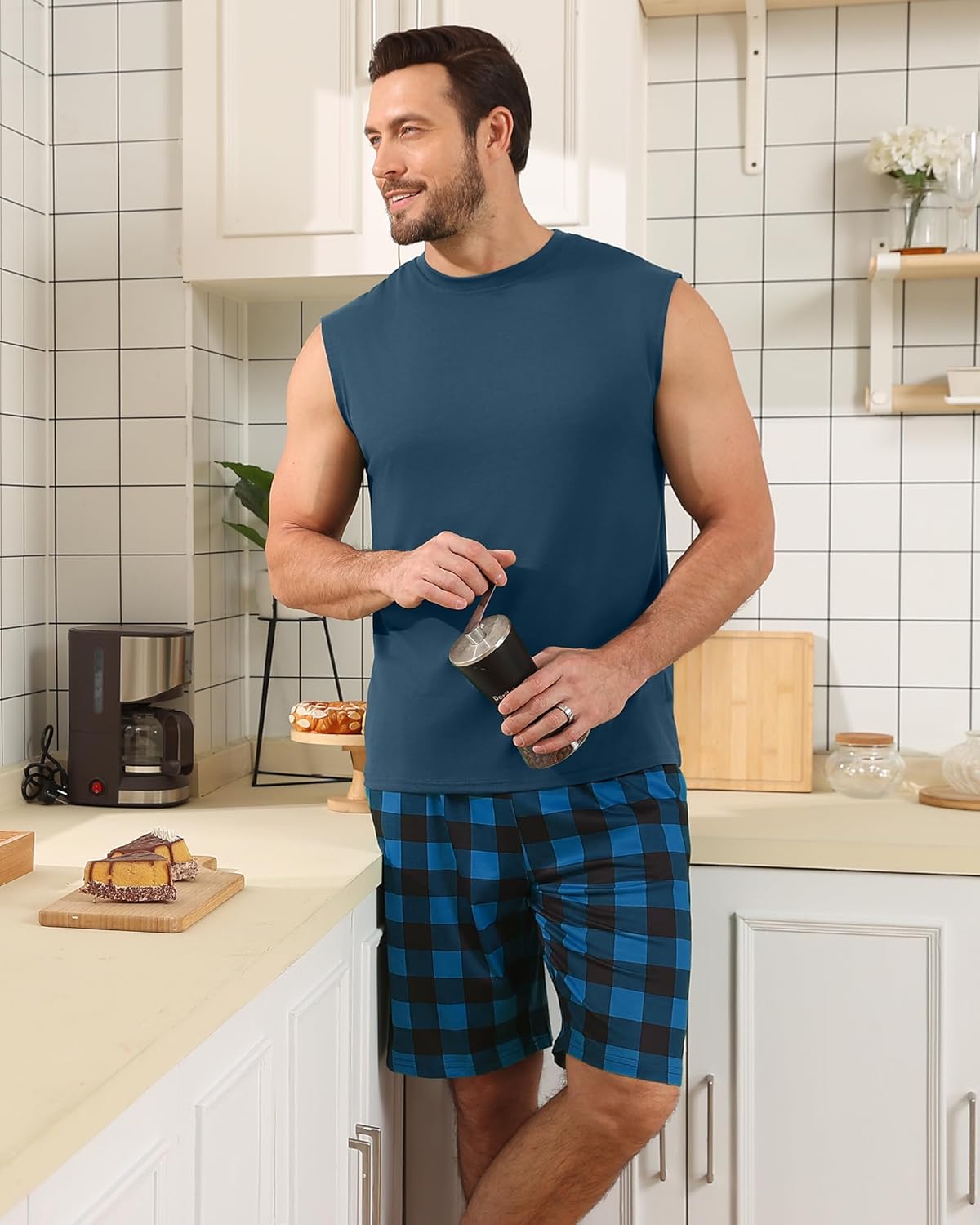 KUYIGO Mens Pajamas Set Tank Top and Plaid Shorts Casual 2 Piece Sleeveless Loungewear Pjs Sleepwear with Pockets - Image 4