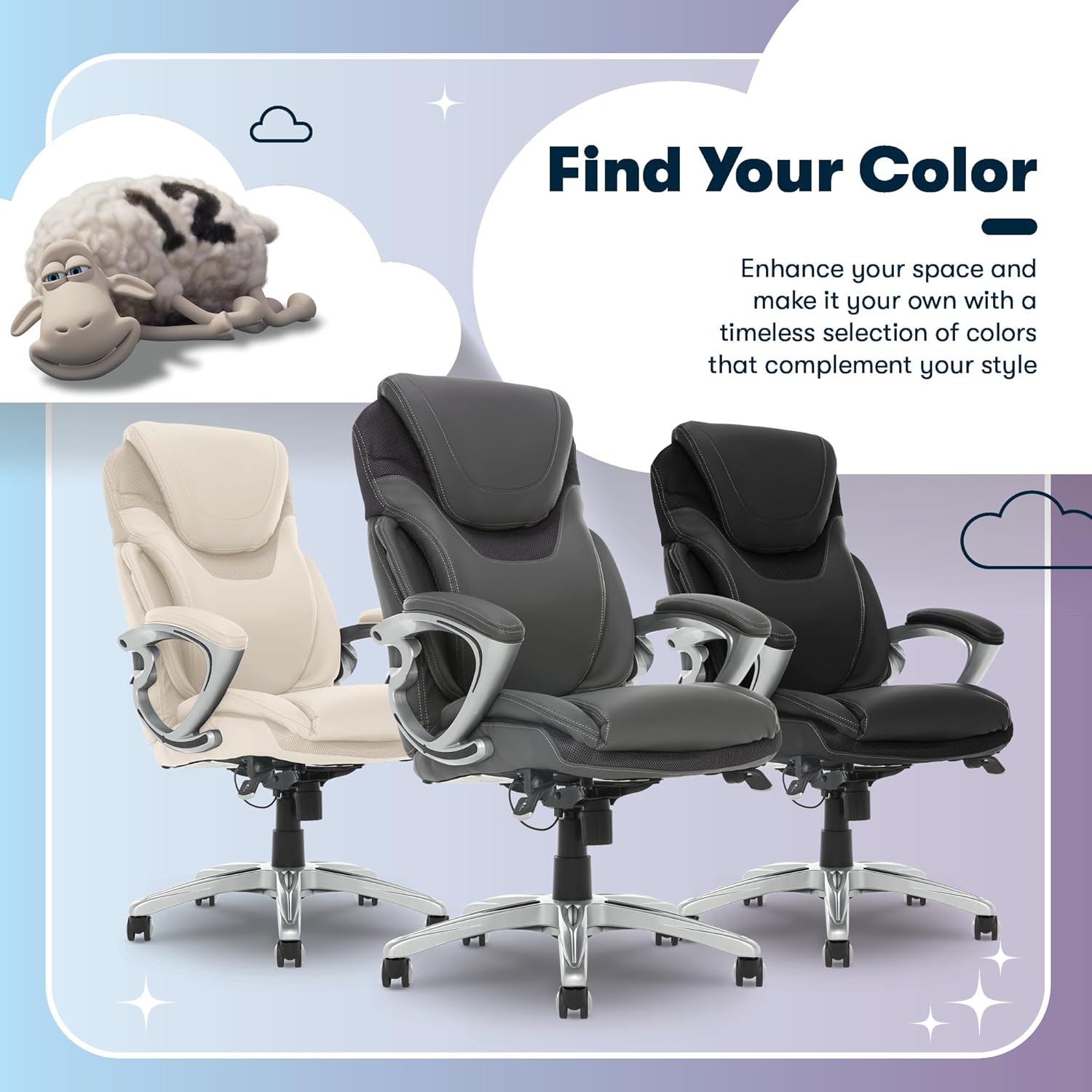 Serta Bryce Executive Office Chair - Ergonomic Computer Desk Chair with Patented AIR Lumbar Technology - Adjustable Height - Memory Foam Body Pillows - 360° Swivel Rolling Base - Bonded Leather - Gray - Image 13