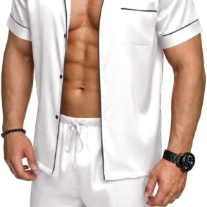 Ekouaer Mens Silk Satin Pajamas Set, Short Sleeve Sleepwear Lightweight Button Up Lounge Pjs Set with Pockets S-4XL