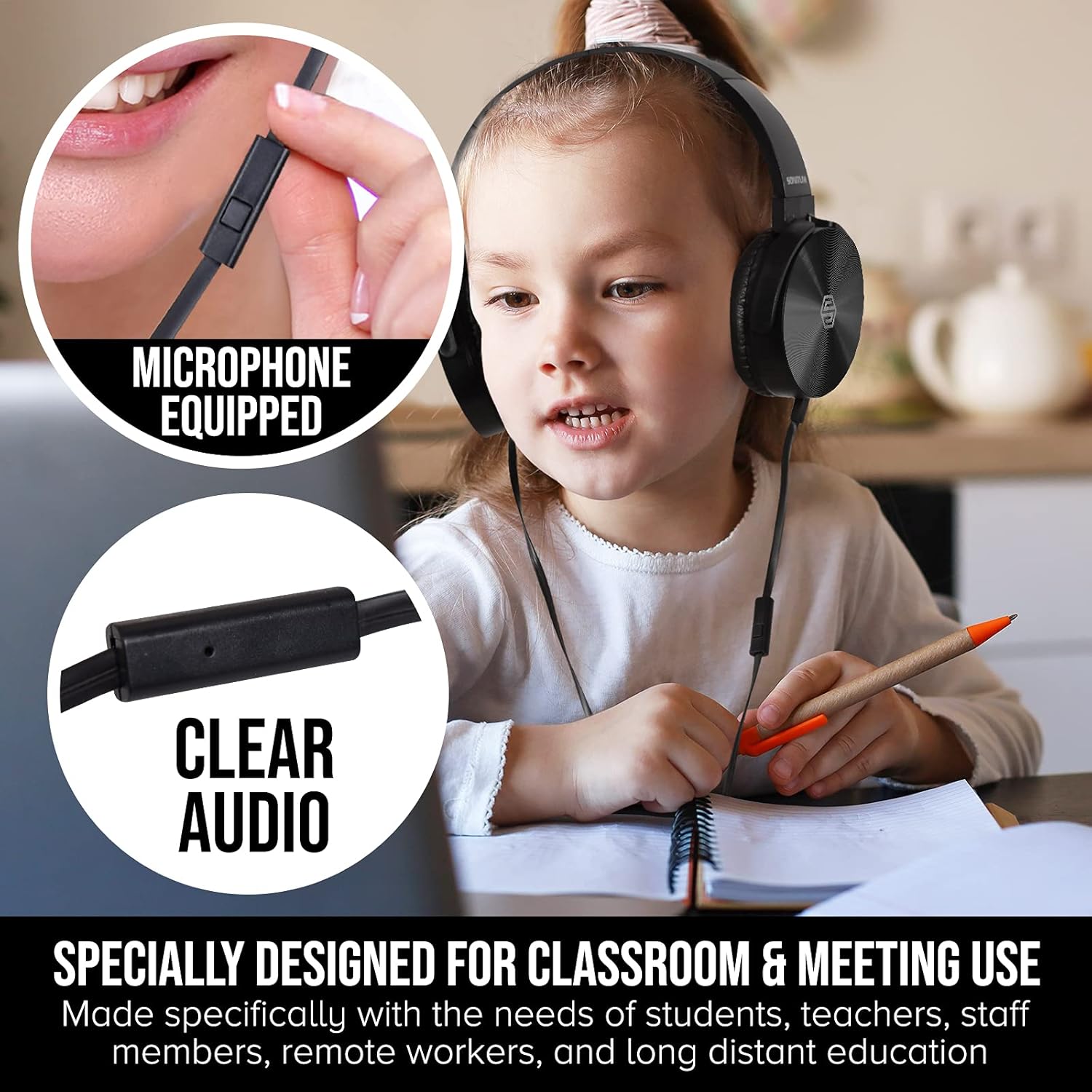 Sonitum Premium Classroom Headphone & Mic Set 3.5mm Jack Stereo Sound Earphones with Microphone & Soft Swivel On Ear Pads- Perfect for E-Learning, Meetings, Calls - Bulk Pack of 5 (Black) - Image 2