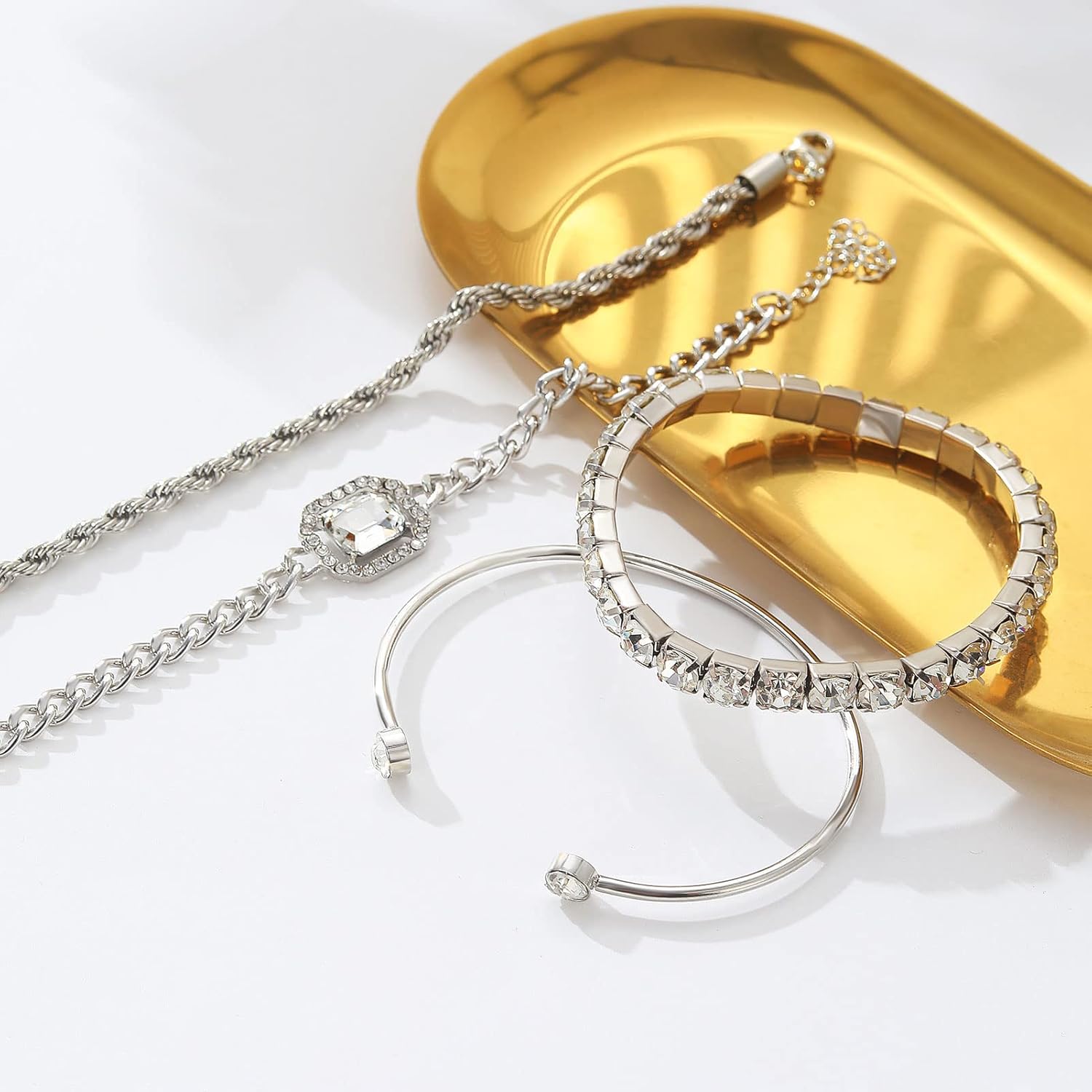 4 Pcs Dainty Gold Silver Bracelets Set for Women 14K Plated Link Cubic Zirconia Paperclip Stake Layering Chain Adjustable Trendy Hand Jewelry - Image 3
