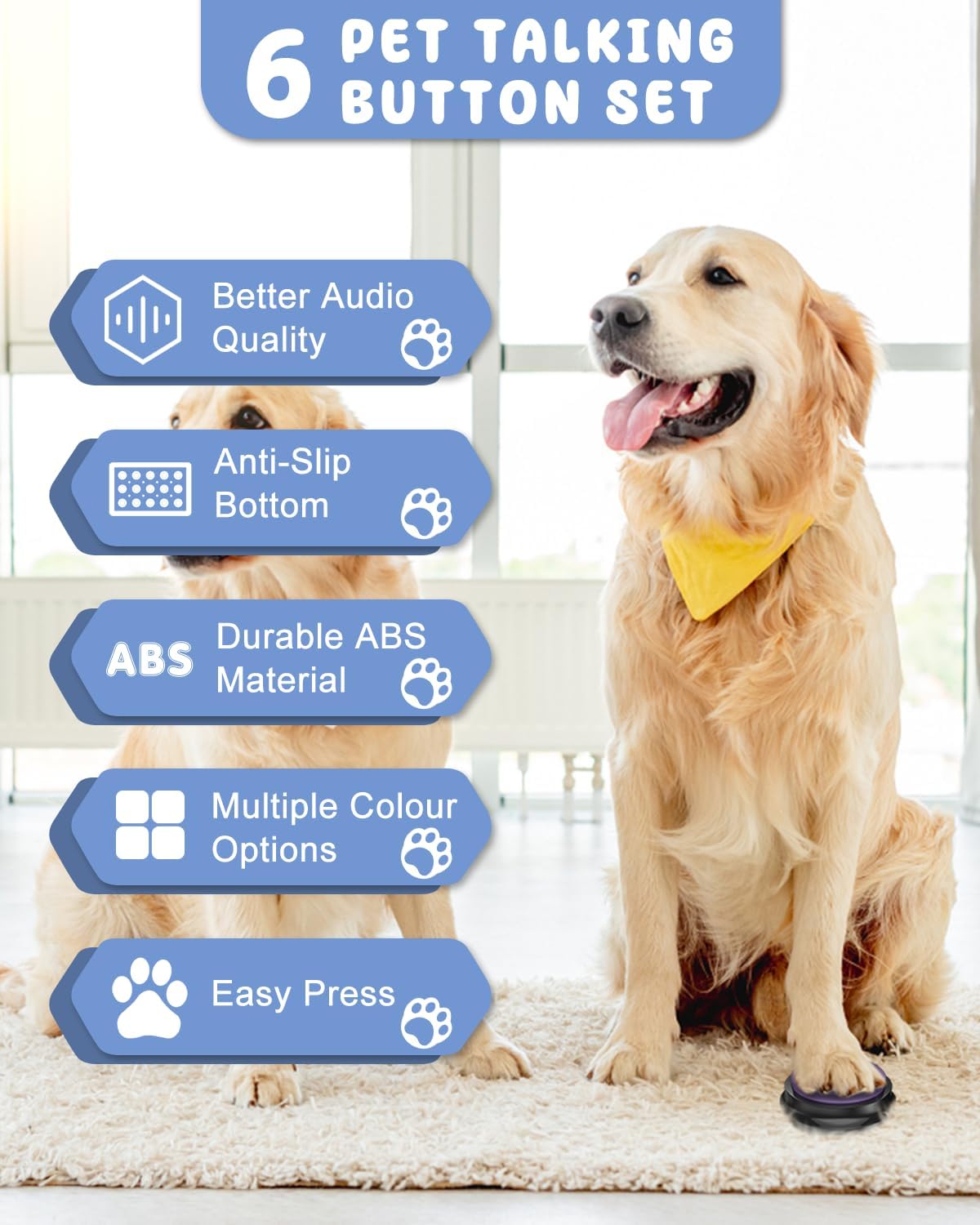 Acools Dog Buttons for Communication, 6 Pcs Dog Talking Button Set, 30s Voice Recordable Pet Training Buzzer, Speaking Buttons for Cats & Dogs with Waterproof Dog Activity Mat and 24 Scene Stickers - Image 2