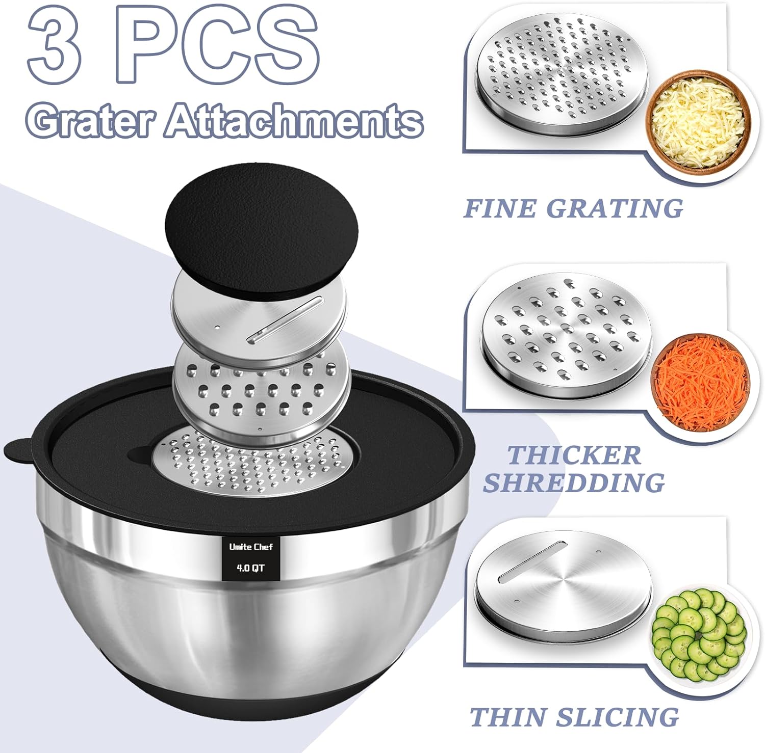 Umite Chef Mixing Bowls with Airtight Lids, 8PCS Stainless Steel Nesting Mixing Bowls Set, 3 Grater Attachments & Non-Slip Bottoms, Black Kitchen Bowls, Size 5, 4, 3.5, 2, 1.5QT for Baking & Serving - Image 3