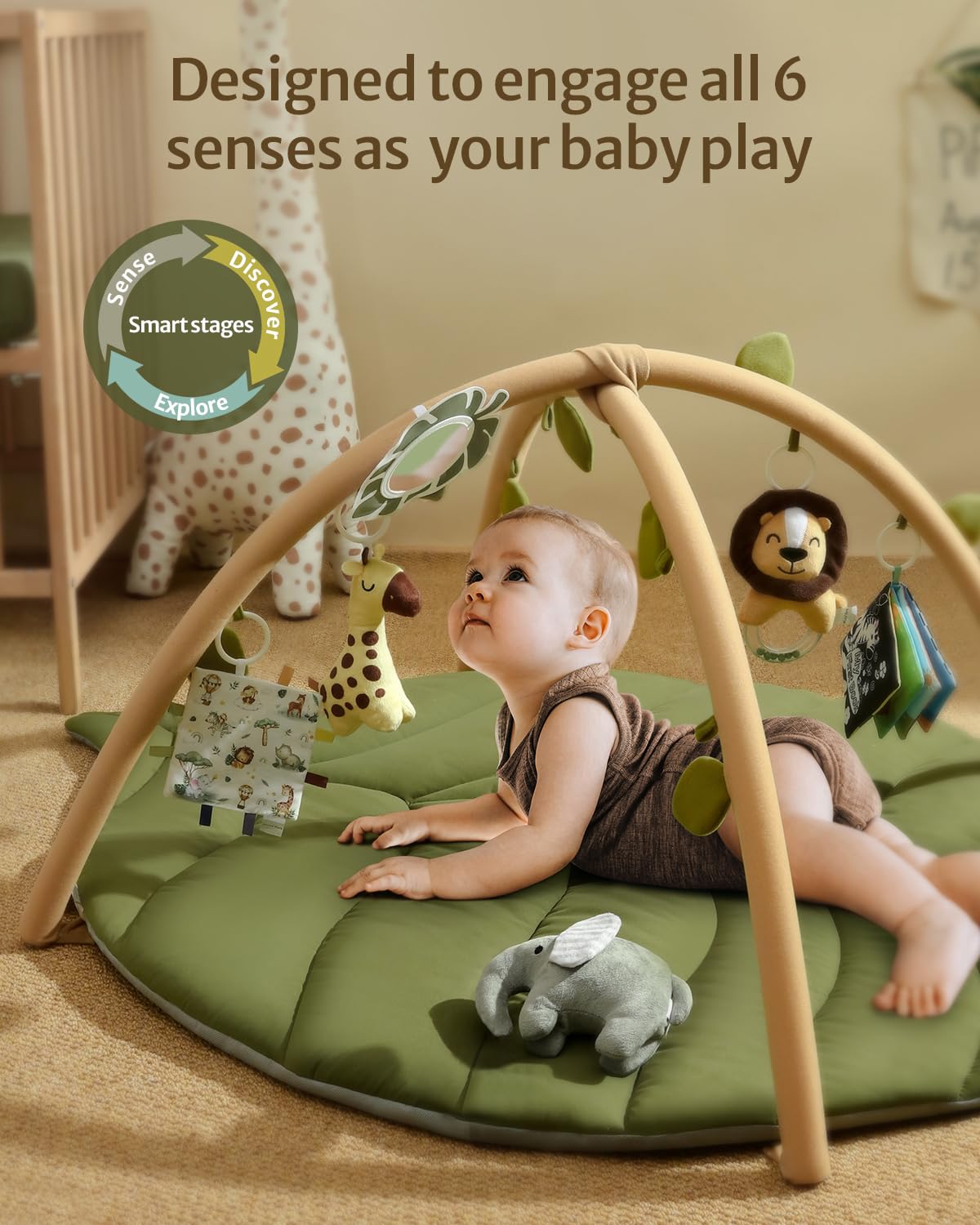 Blissful Diary Baby Play Gym & Activity Mat, Oversize Leaf Shaped Baby Play Mat w 6 Detachable Toys, Tummy Time Mat Promote Motor Skills & Sensory Development Mat, Newborn Infant Baby Essentials Gift - Image 2