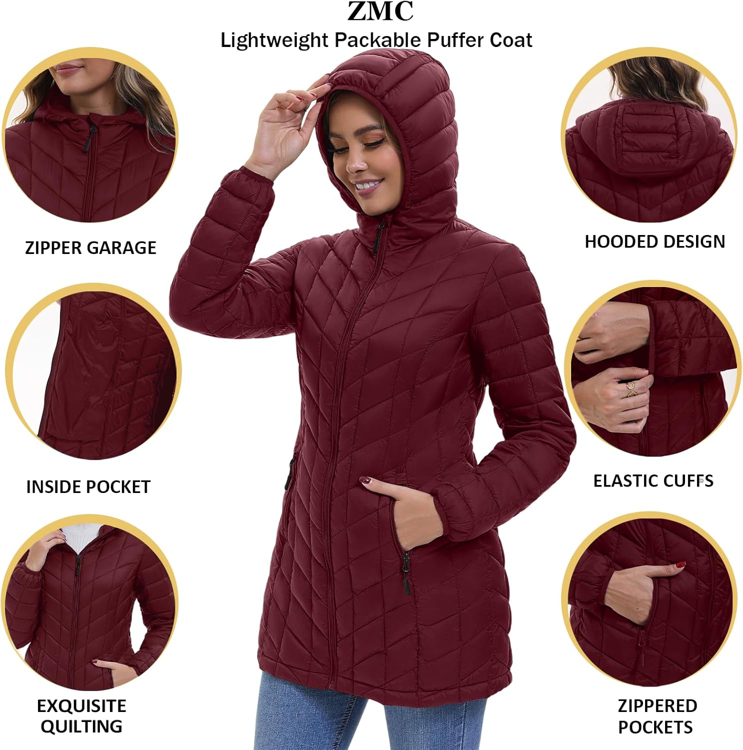 ZMC Women’s Packable Lightweight Puffer Jacket with Hood, Mid-Length Quilted Winter Coat with Zipper Pockets - Image 4
