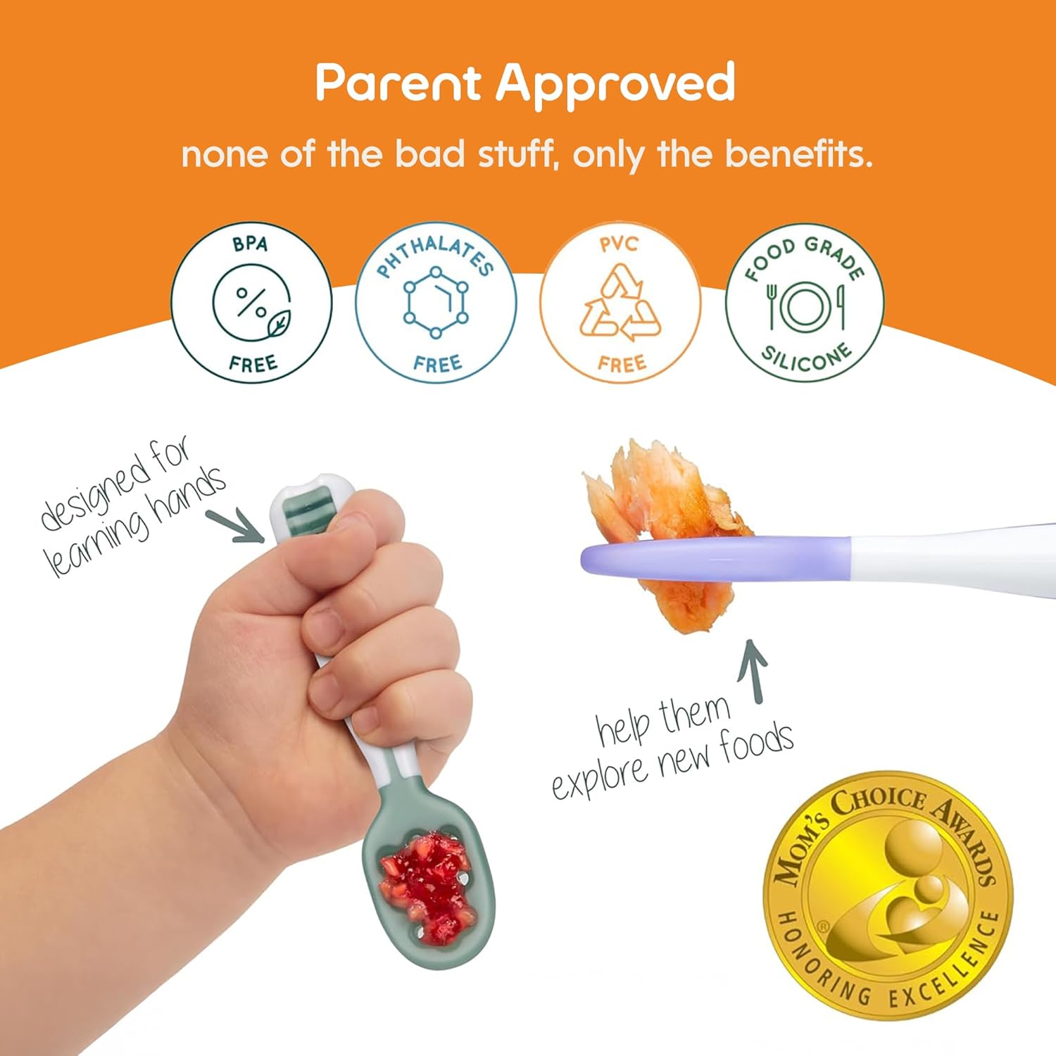 NumNum Baby Spoons Set, Baby Essentials Pre-Spoon GOOtensils for 6+ Months, First Stage Self-Feeding Spoons for Baby Led Weaning (BLW), Silicone Toddler Utensils, BPA-Free, 2 Pack Blue/Orange - Image 5
