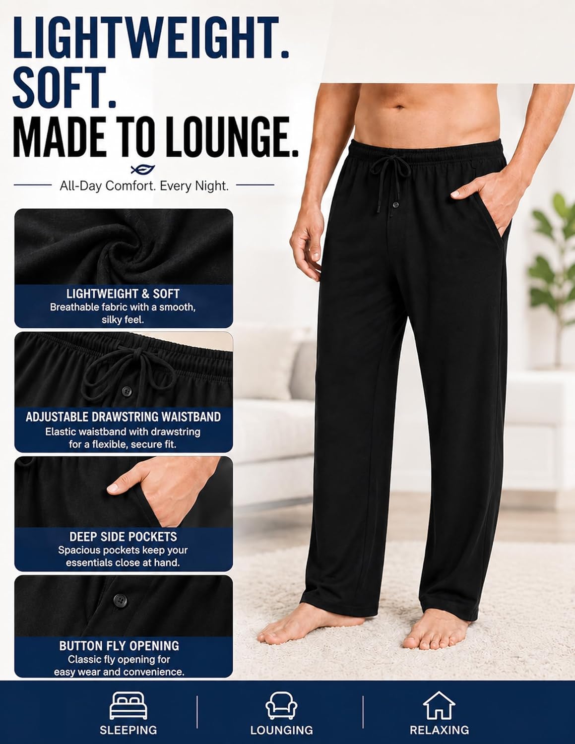 Men's Lightweight Pajama Pants with Pockets and Fly Opening, Soft Comfy Lounge Sleep Pants 27" Inseam - Image 5