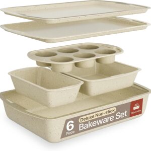 Bakken Swiss – Bakeware Set – 6 Piece – Stackable, Deluxe, Non-Stick Baking Pans for Professional and Home Cooking – Carbon Steel, White Stone Coating
