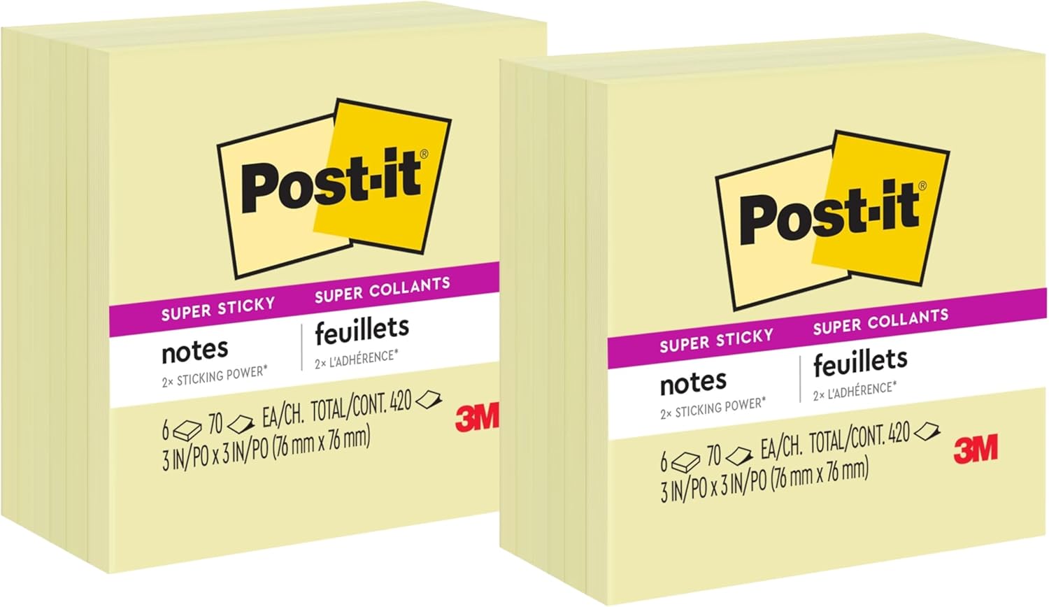 Post-it Super Sticky Notes, 12 Sticky Note Pads, 3 x 3 in., School Supplies, Office Products, Sticky Notes for Vertical Surfaces, Monitors, Walls and Windows, Canary Yellow, 840 Total