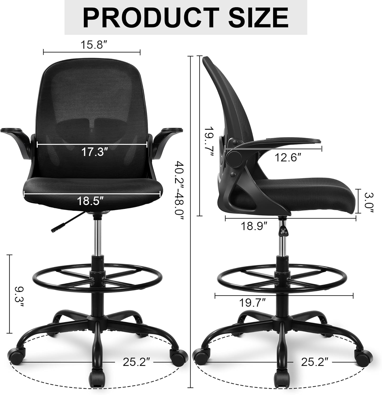 Primy Drafting Chair Tall Office Chair with Flip-up Armrests Executive Ergonomic Computer Standing Desk Chair with Lumbar Support and Adjustable Footrest Ring (Black) - Image 3