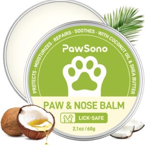 PawSono Lick-Safe Dog Paw & Nose Balm with Coconut Oil | All-Natural Moisturizer & Soother for Dry, Cracked Pads & Snout | Heat & Cold Pavement Protection Wax, Nose Butter for Bulldogs (2.1 oz / 60 g)