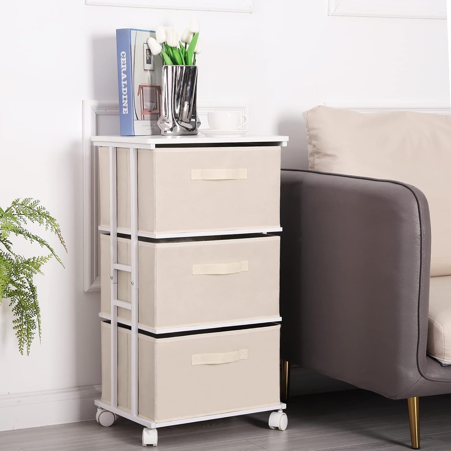 MAX Houser Dresser Tower with 3 Drawers for Bedroom, Fabric Storage Organizer Unit, Chest of Drawers with with WoodTop, Small Vertical Storage for Guest Room, Closet, Entryway, Nursery(Beige) - Image 7