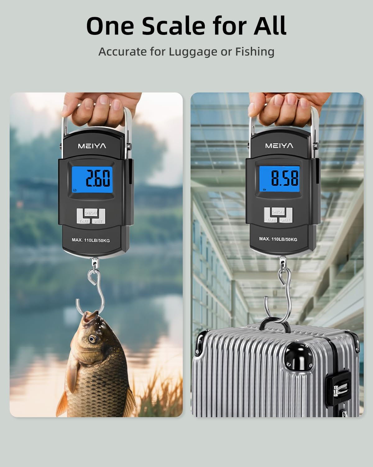 MEIYA Fish Scale 110lb/50kg Digital Fishing Scale with Backlit LCD, Portable Handle, Stainless Steel Hook & 2 AAA Batteries – Reliable Fishing Gear & Great Fishing Gifts for Men - Image 5