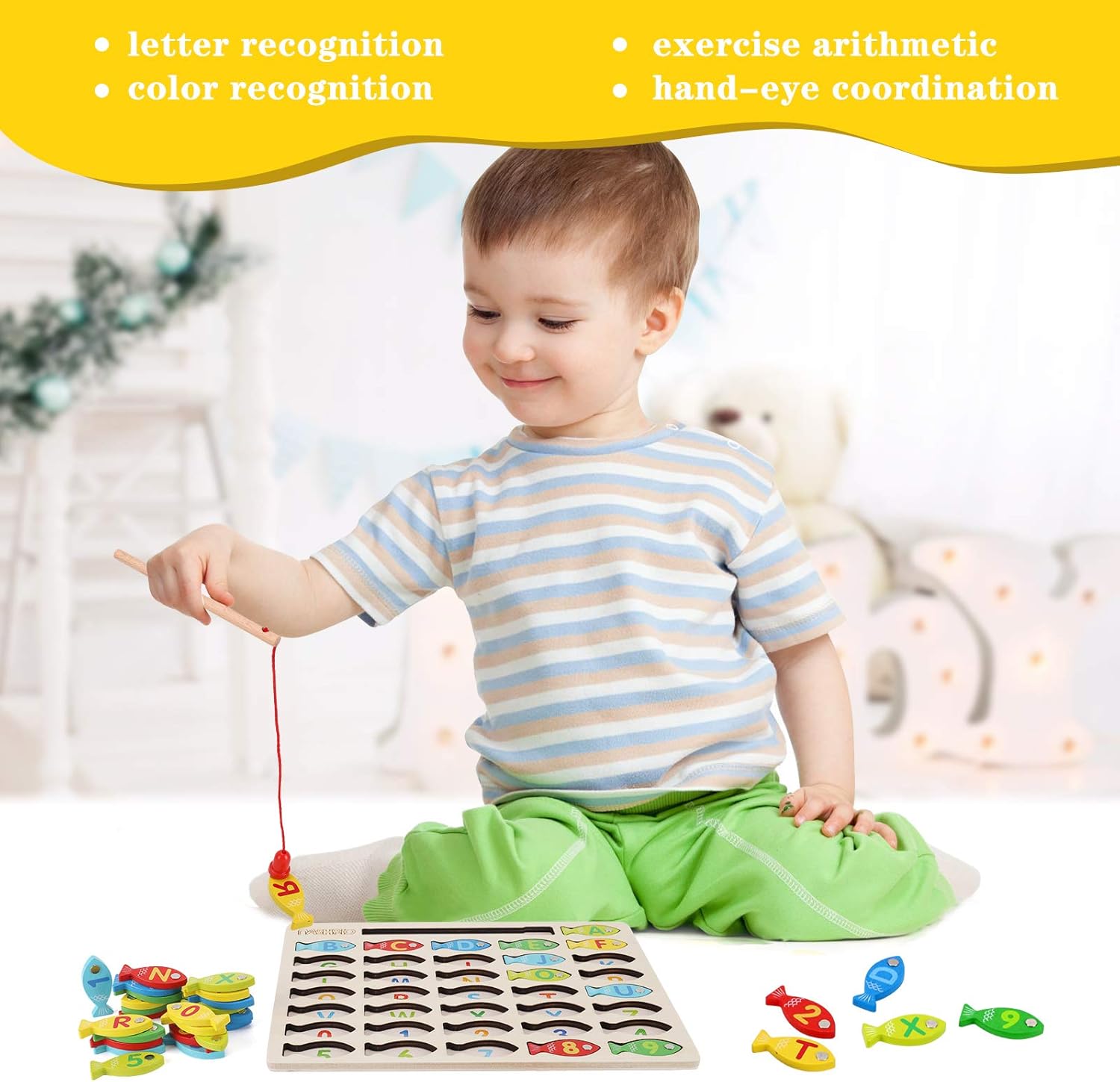 Magnetic Wooden Fishing Game Toy for Toddlers, Alphabet Fish Catching Counting Games Puzzle with Numbers and Letters, Preschool Learning ABC Math Educational Toys 3 4 5 Years Old Girl Boy Kids - Image 6