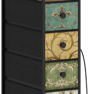 Tohomeor Narrow Dresser Tall Skinny Storage Tower Vertical Slim Chest of Drawers with Charging Station Small Nightstand Side Table for Bedroom, Bathroom, Small Spaces (Retro Flower, 4 Drawers)