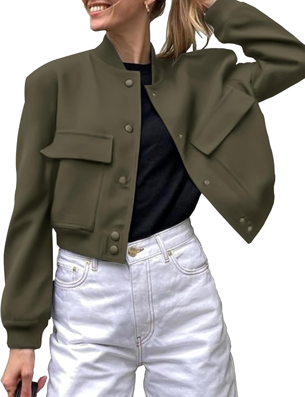 Zeagoo Women Bomber Jacket Casual Button Down Varsity Jackets Shackets With Pockets Outwear - Image 2