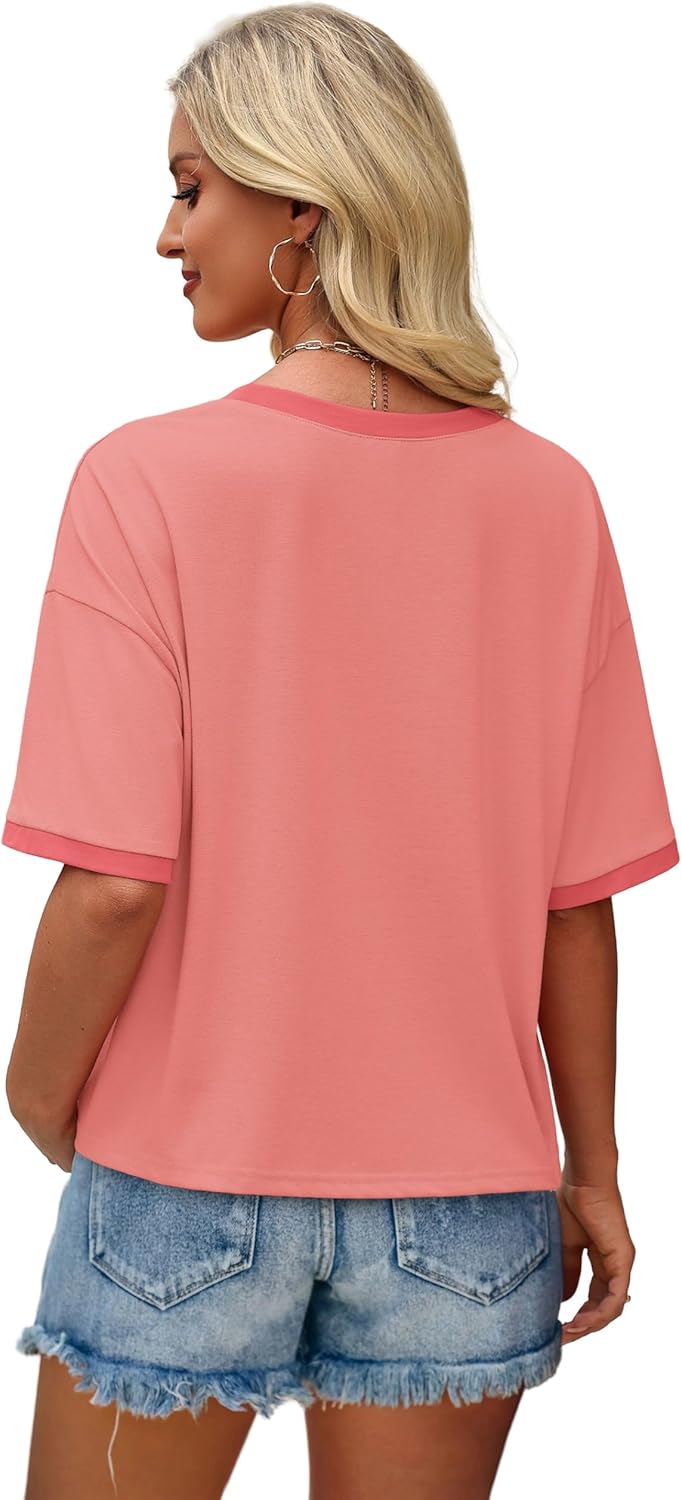 WIHOLL Womens T Shirts Loose Fit Short Half Sleeve Crew Neck Oversized Tshirts Color Block Summer Tops Fashion 2026 - Image 4