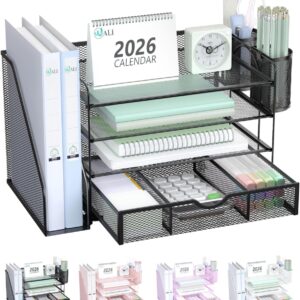 WALI Desk File Organizer, 4 Tier Desktop Paper Letter Tray Organizer with Drawer and 2 Pen Holders, Office Desk Accessories & Workspace Organizers for Office, Home Supplies(DO005DH-B), 1 Pack, Black