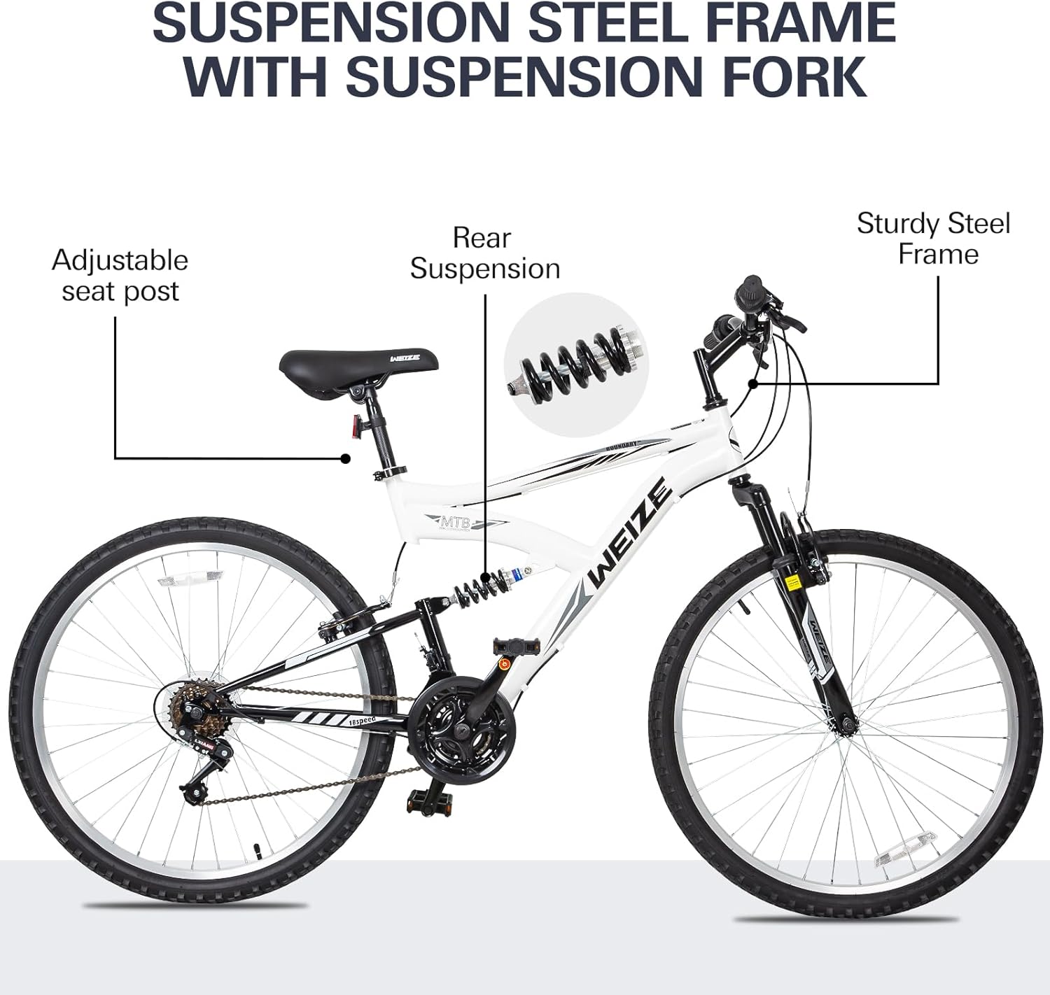 WEIZE Mountain Bike 26 27.5 inch Outdoor Cycling Bike 18-Speed/High-Carbon Steel/Dual Full Suspension, Adjustable Ergonomic Seat for Men Women Adult, MTB Bicycle with Suspension Fork - Image 4