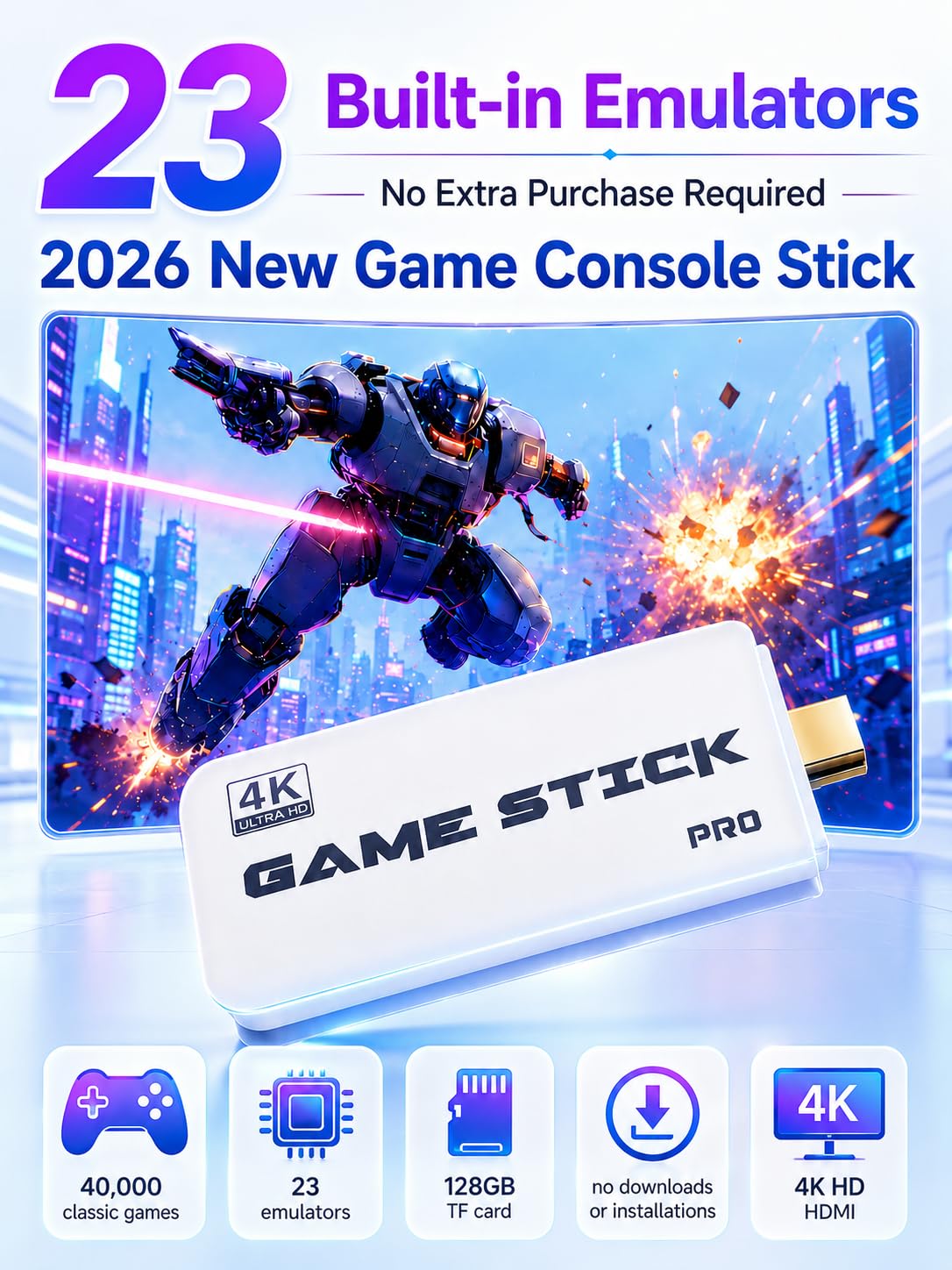 2026 Upgraded Retro Gaming Console, 4K HDMI Plug and Play TV Gaming System with 40000+ Built-in Video Games, 128GB TF Card, 23 Emulators, 2 Wireless Controllers for Family Entertainment - Image 4