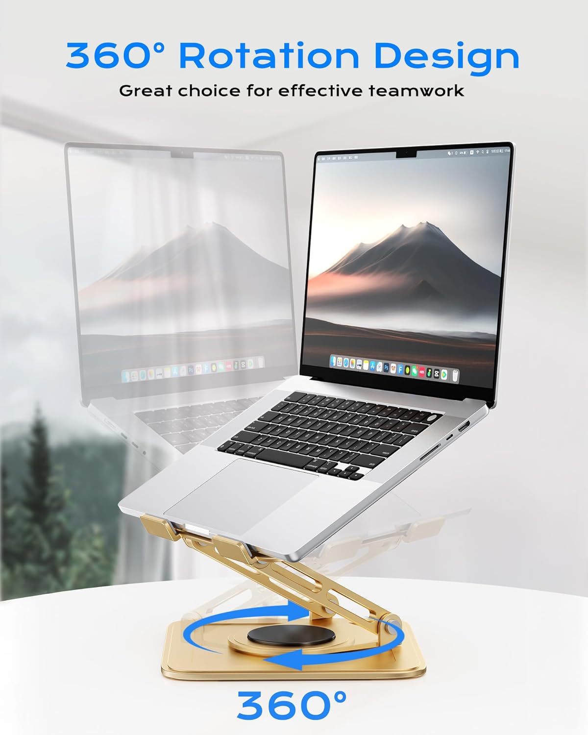 LOXP Adjustable Laptop Stand, Computer Stand with 360 Rotating Base, Ergonomic Laptop Riser Mount for Desk Foldable Protable Computer Desk Fits with MacBook Pro Air (10-16") - Gold - Image 2