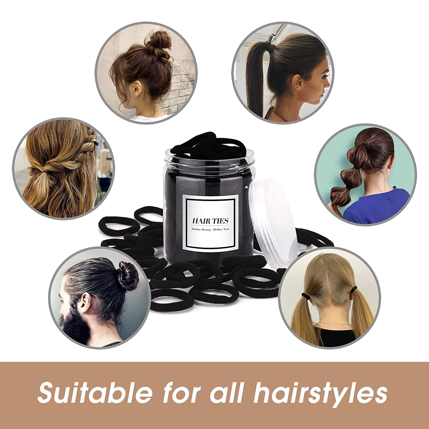 iFwevs 50PCS Black Hair Ties,Cotton Seamless Ponytail Holders,No Damage Elastics Hair Bands for Thick Heavy &Curly Hair - Image 4