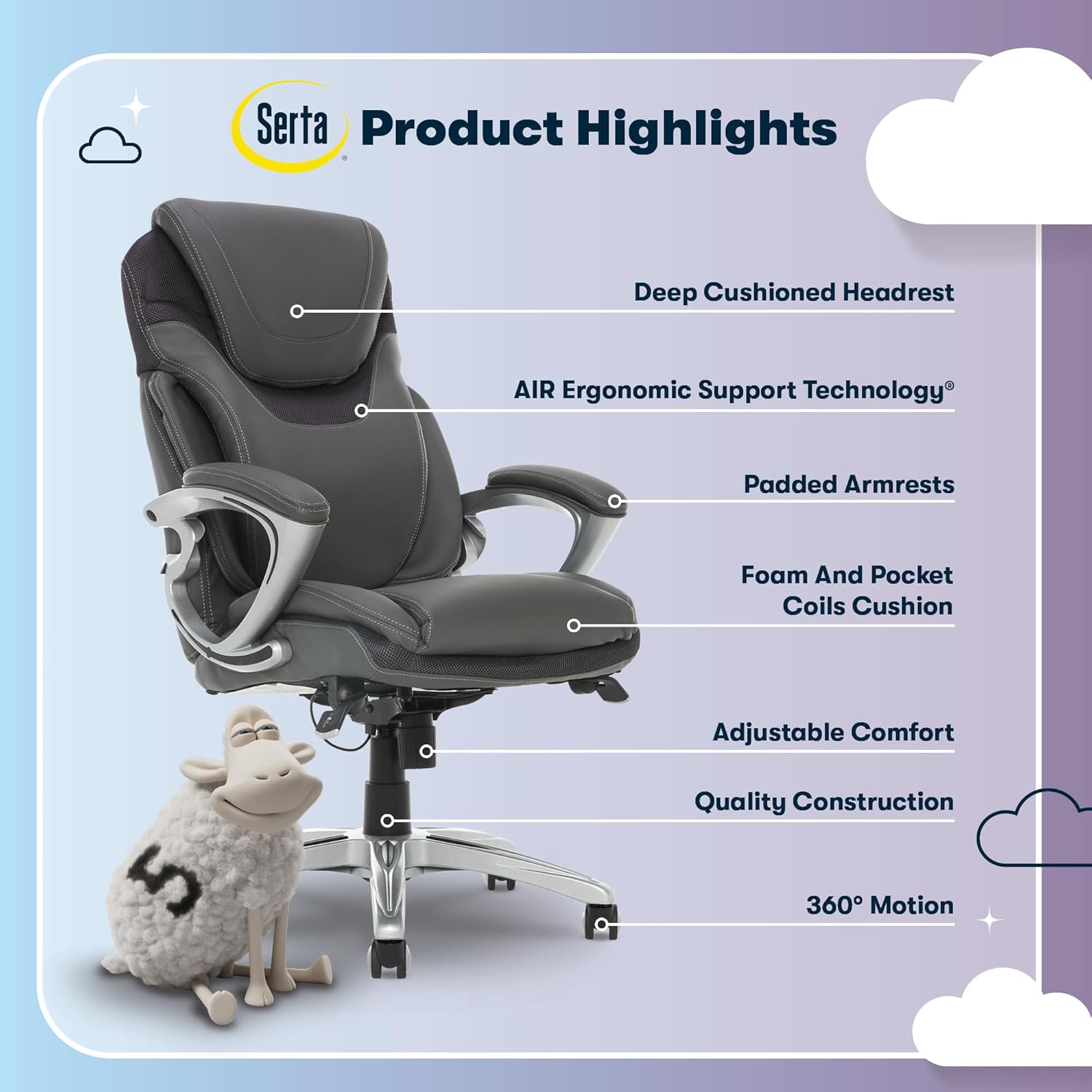Serta Bryce Executive Office Chair - Ergonomic Computer Desk Chair with Patented AIR Lumbar Technology - Adjustable Height - Memory Foam Body Pillows - 360° Swivel Rolling Base - Bonded Leather - Gray - Image 4