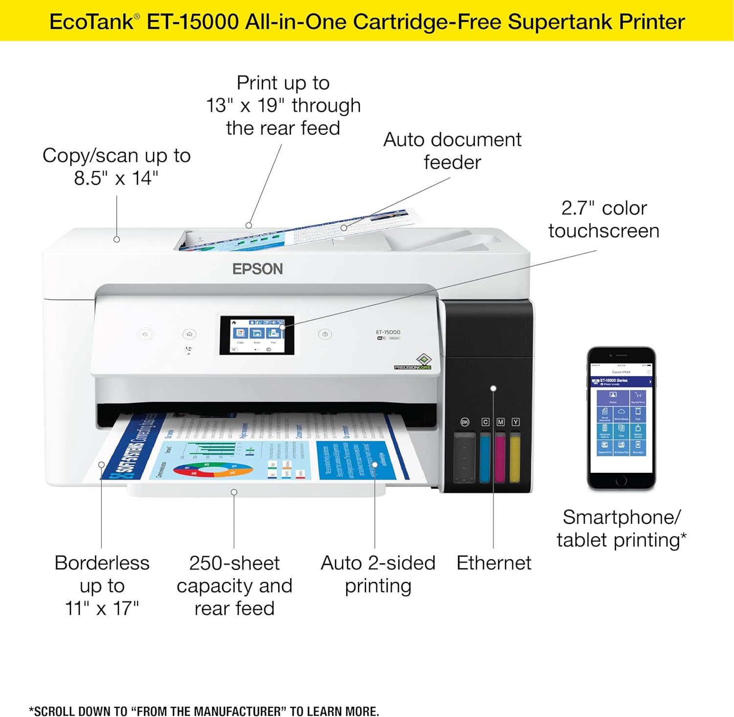 Epson EcoTank ET-15000 Wireless Color All-in-One Supertank Printer with Scanner, Copier, Fax, Ethernet and Printing up to 13 x 19 Inches, White - Image 3