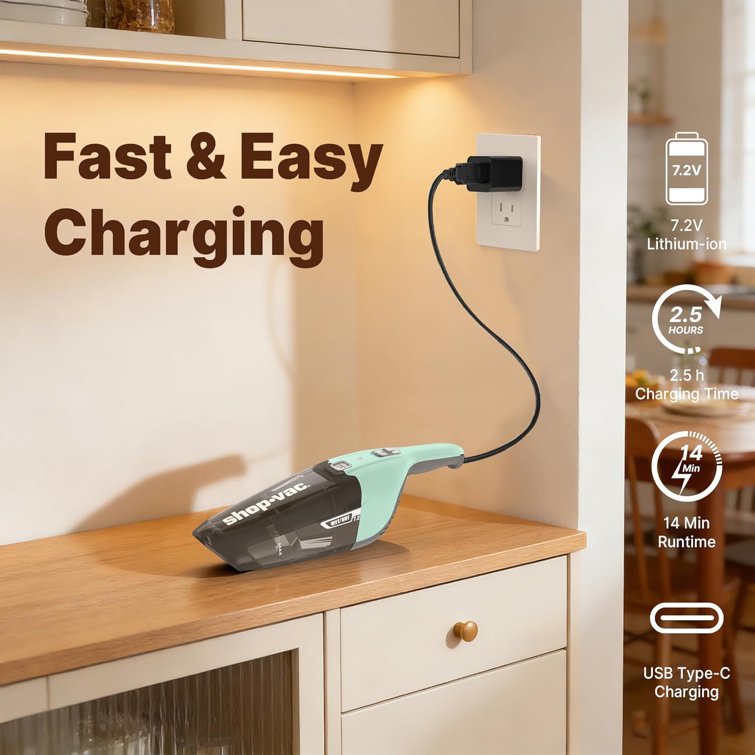 Shop-Vac Wet/Dry Handheld Vacuum, Powerful Small Vacuum Cordless Rechargeable, Wall-Mounted Hand Vac with Crevice Tool, Portable Vacuum for Home & Car, Lightweight & Compact, Green - Image 8