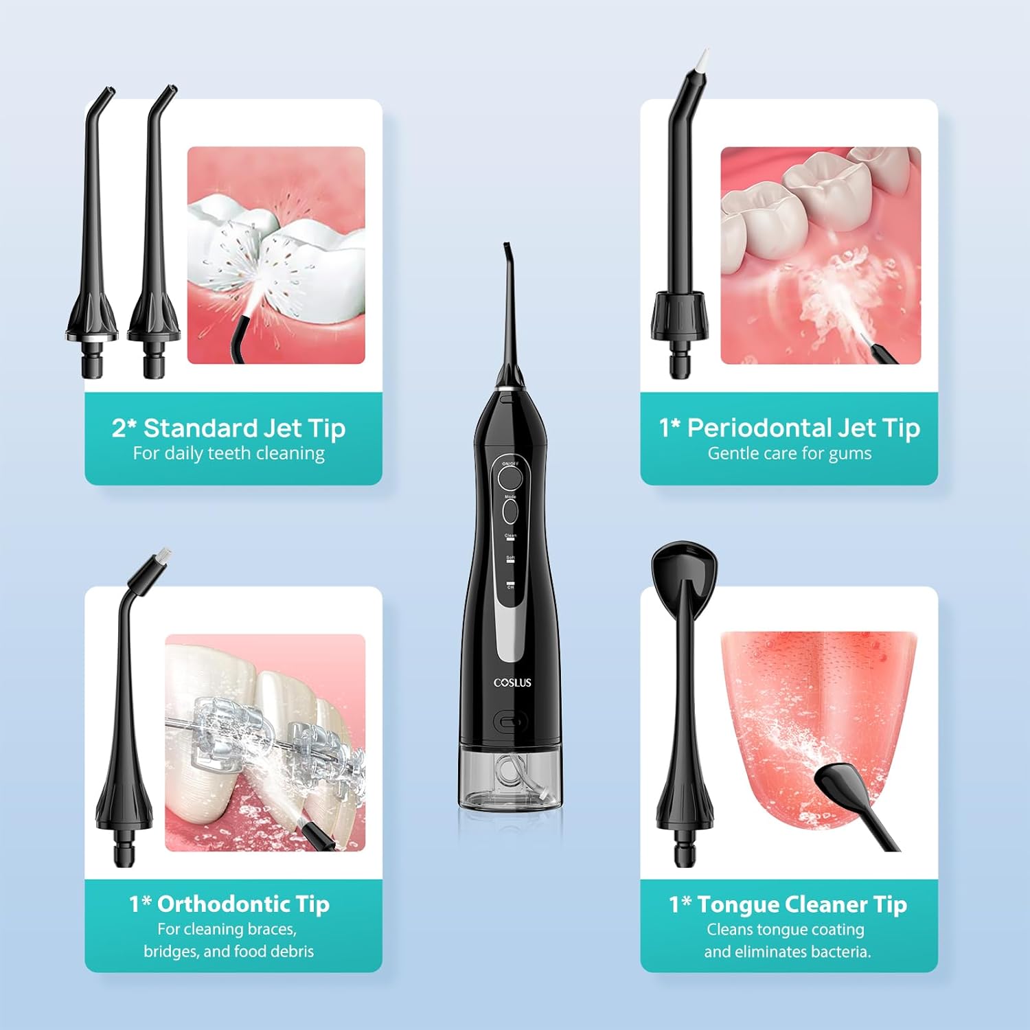 COSLUS Water Dental Flosser Teeth Pick C20: ADA Accepted, Portable Cordless Oral Irrigator 300ML Rechargeable Travel Irrigation Cleaner IPX7 Waterproof Electric Flossing Machine for Teeth, Black - Image 9