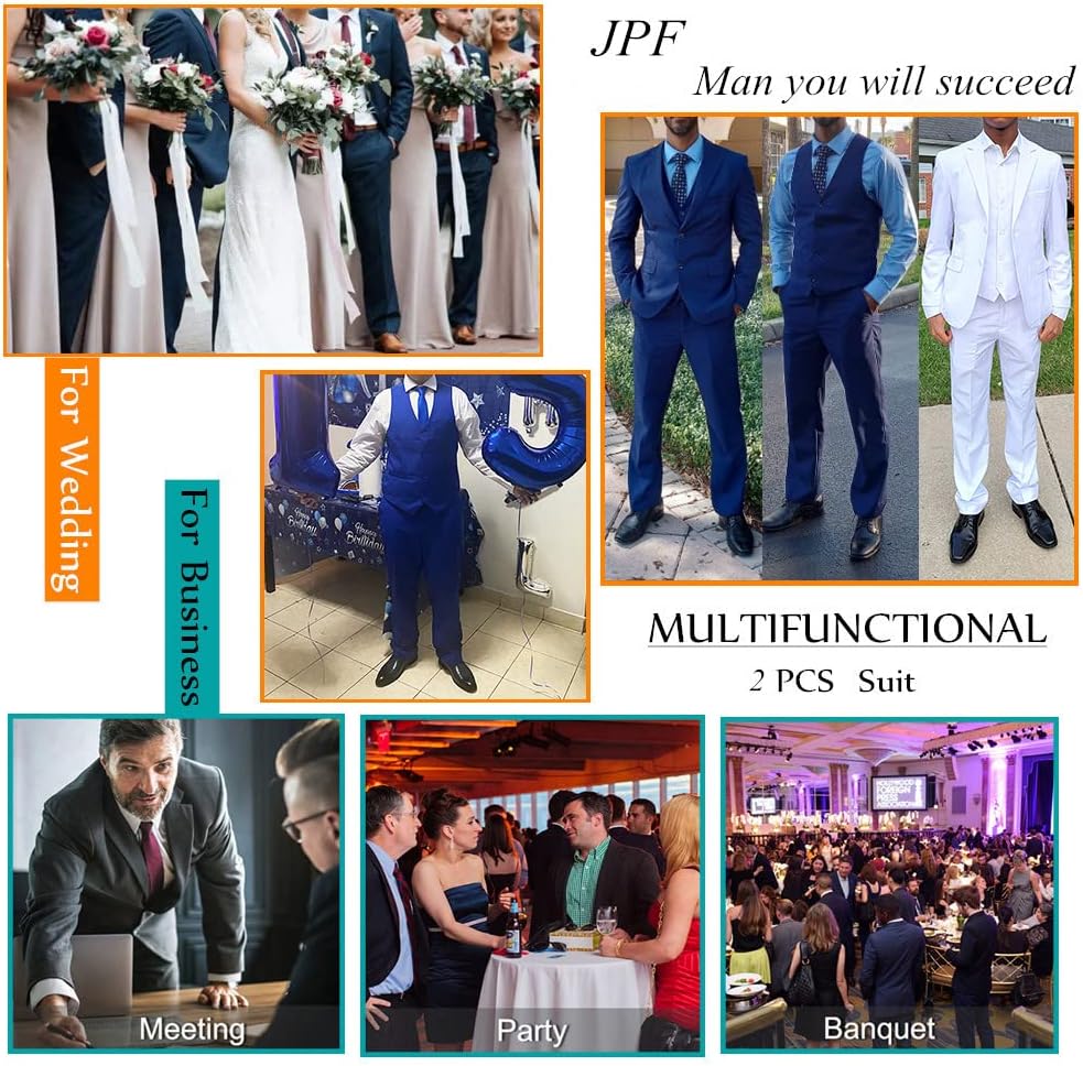 JPF Men's 2 Piece Slim Fit Suit Set, Solid Vest and Pants Suit for Men with Tie - Image 6