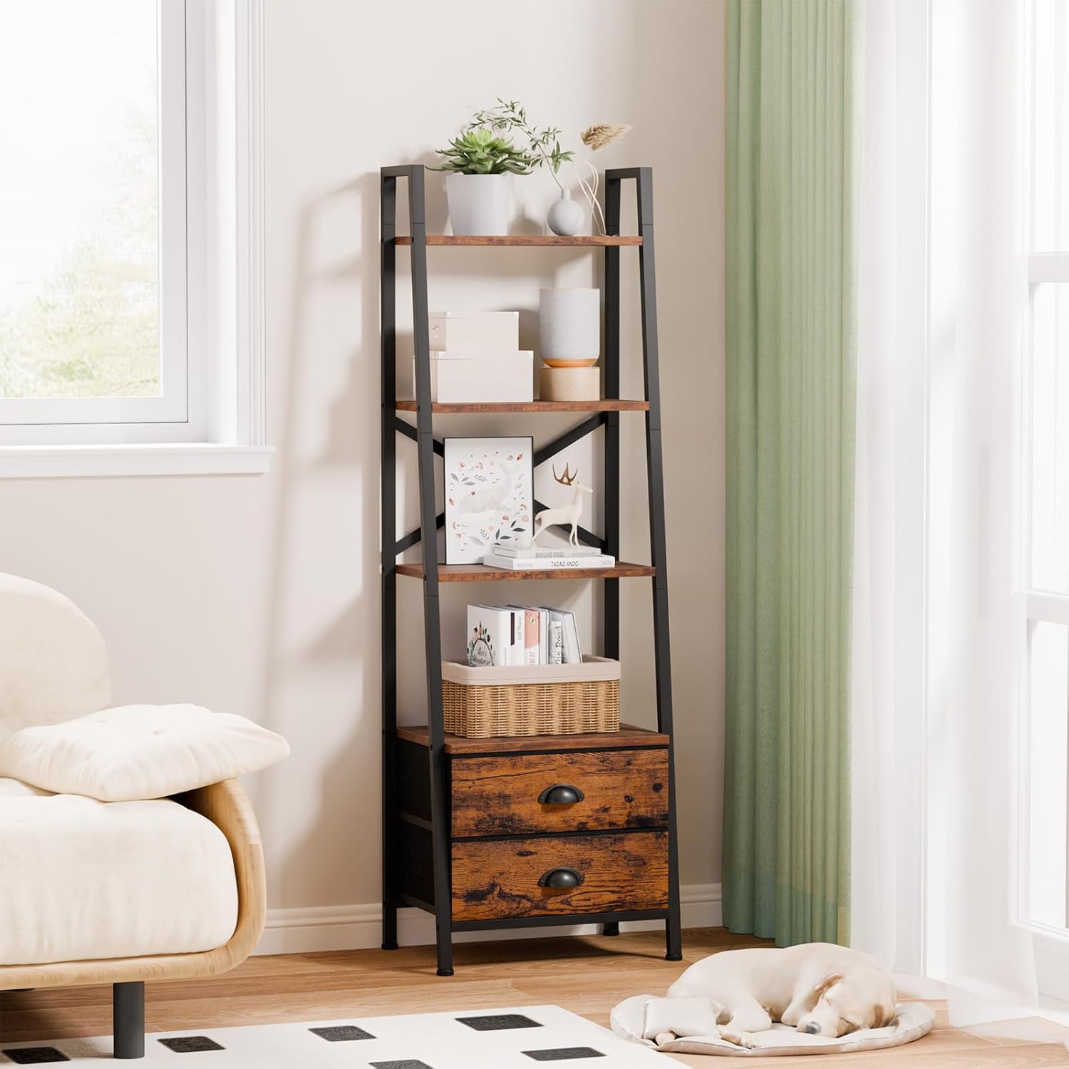 Furologee 4-Tier Ladder Shelf,Small Bookshelf with 2 Drawers,Vertical Bookcase Storage Rack Organizer,Rustic Bookshelves for Living Room,Bedroom,Bathroom,Home Office,Kitchen,Rustic Brown - Image 2